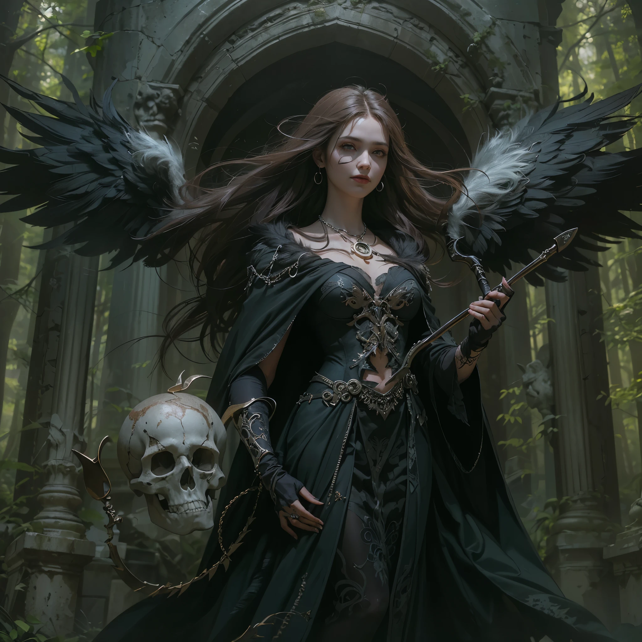 (Numerous award-winning masterpieces, with incredible detail, textures and maximum detail), (hyper realistic:1.4), (realistic:1.3), (best quality real texture skin), (finely detailed true circle eyes), (finely Detailed and beautiful face:1.6), ((medieval world)), (grim reaper:1.4), (icy look in the eye), (she has a nasty smile on her face but her eyes aren't smiling:1.3), (Full-length portrait:1.5), (It has a soul-reaping scythe in its hand:1.5), (Eyes that glow red in the dark), (Dramatic Light),  (A majestic sight), Her countenance is gentle and beautiful, but somehow terrifying, (Large wings with ragged black feathers behind shoulders:1.3), (Wears a dark black hooded robe with intricate patterns:1.2), (A sack containing reaped souls with a faint glow:1.3), Folded wings, Earrings with a skull pattern, (Followed by a skeleton knight behind:1.1), (((dramatic photo))), (twilight), (sunset), (dusk), ((dramatic pose)), (flamboyant photo), (golden hair), (silver hair), (chestnut hair), ((looks up)), ((looking down)), (gives full-body standing image:1.5), (Around her neck is a simple necklace of exquisite workmanship), Forgotten Tomb Overgrown with Vegetation, Great Tomb, Underground Labyrinth, Evil Temple Ruins, Sacrificial Temple, Mysteriously, (Magic Circle of Ominous Shine:1.2), Ancient Castle Ruins, Deserted Graveyard Ruins, Crumbled Ancient Tomb, Stagnant Water Ancient Ruins, Swamp Ruins, wavelets, running water, Shining majestic cloud masses and sky, lightning bolt,