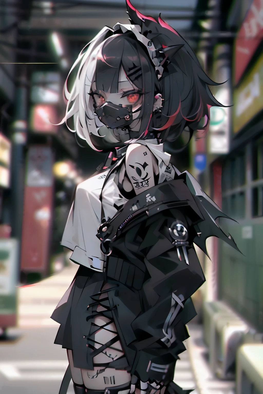 straight fadecut haired, Punk Girl, Without mohawk sleeves, The tattoo, head phone, 🎧, goth_punk, 1girl in, solo, medium shot, Walking in Harajuku, ((during night)), bokeh dof, Neon light, Iridescent eyes, gray eyes, red glowing hair, Black eyebrows, Radiant hair, (iridescent red hair), lots of earrings, labret, facial piercings, bangs, jewelry, masks, blunt bangs, Mouth mask, blurry background, blurry, hair adornments, Look at viewers, short hair, portraitures, side look, goth, (masterpiece), (Portrait), (Aesthetic), (Beautiful), (upper body), (High quality), (aesthetic clothings), (professional angle), (thirds rule), (Feminine), (Woman), (Female), (Beautiful), (Feminine features), (25-years old), Solo, 1 woman, (Charming punk girl), Dramatic light, ((Playing guitar)), (Standing), Edgy makeup, (huge breasts), (Front face), (Defiant expression), ((defiance)), (Leather jackets and tattoos), ((Short hair)), (dyed (E.G. and pinks) hair), (spiky hair), (Thick hair), matte Shine Hair, (Hair bands scattered in the hair), (gray eyes), (Bold and bold look), (pale skin), (Dark clothes), (Band T-shirt), (Ripped jeans), (-), crew neckline), ((Urban alley background)), (up close shot), Beautiful hands, Two hands, normal hands, Two arms, complete hands, Beautiful body, Beautiful fingers, normal fingers, Five Fingers, Five Fingers, (Thumb index finger ring finger), Beautiful ears, normal ears, Beautiful eyes, shiny eyes, Beautiful mouth, Beautiful lips, tatoos, black gloves,
