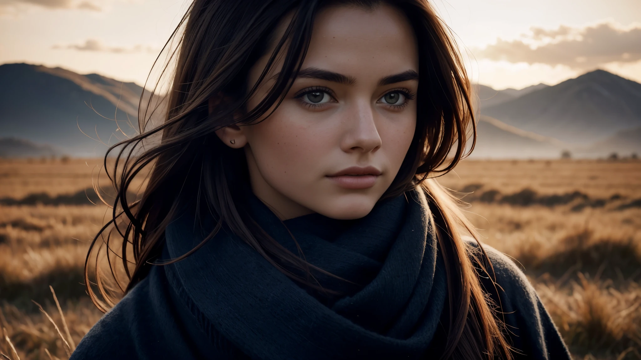 8k, best quality, masterpiece, realistic, ultra detail, photo realistic, Increase quality, a photo of a girl standing in a field with a scarf, in the style of dark and brooding designer, voluminous mass, photobash, serene faces, jagged edges, navy, natural beauty, close-up shot