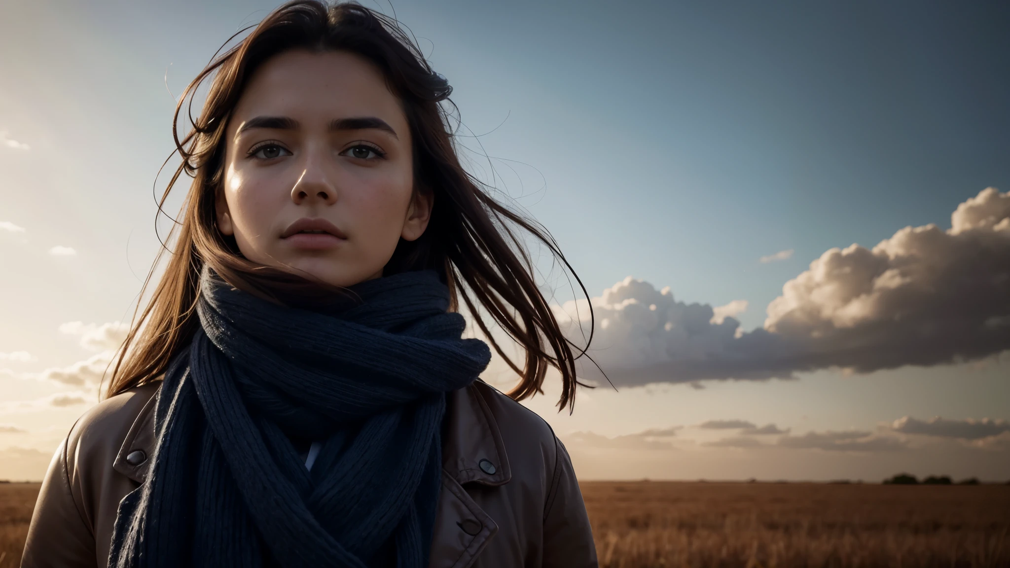 8k, best quality, masterpiece, realistic, ultra detail, photo realistic, Increase quality, a photo of a girl standing in a field with a scarf, in the style of dark and brooding designer, voluminous mass, photobash, serene faces, jagged edges, navy, natural beauty, close-up shot