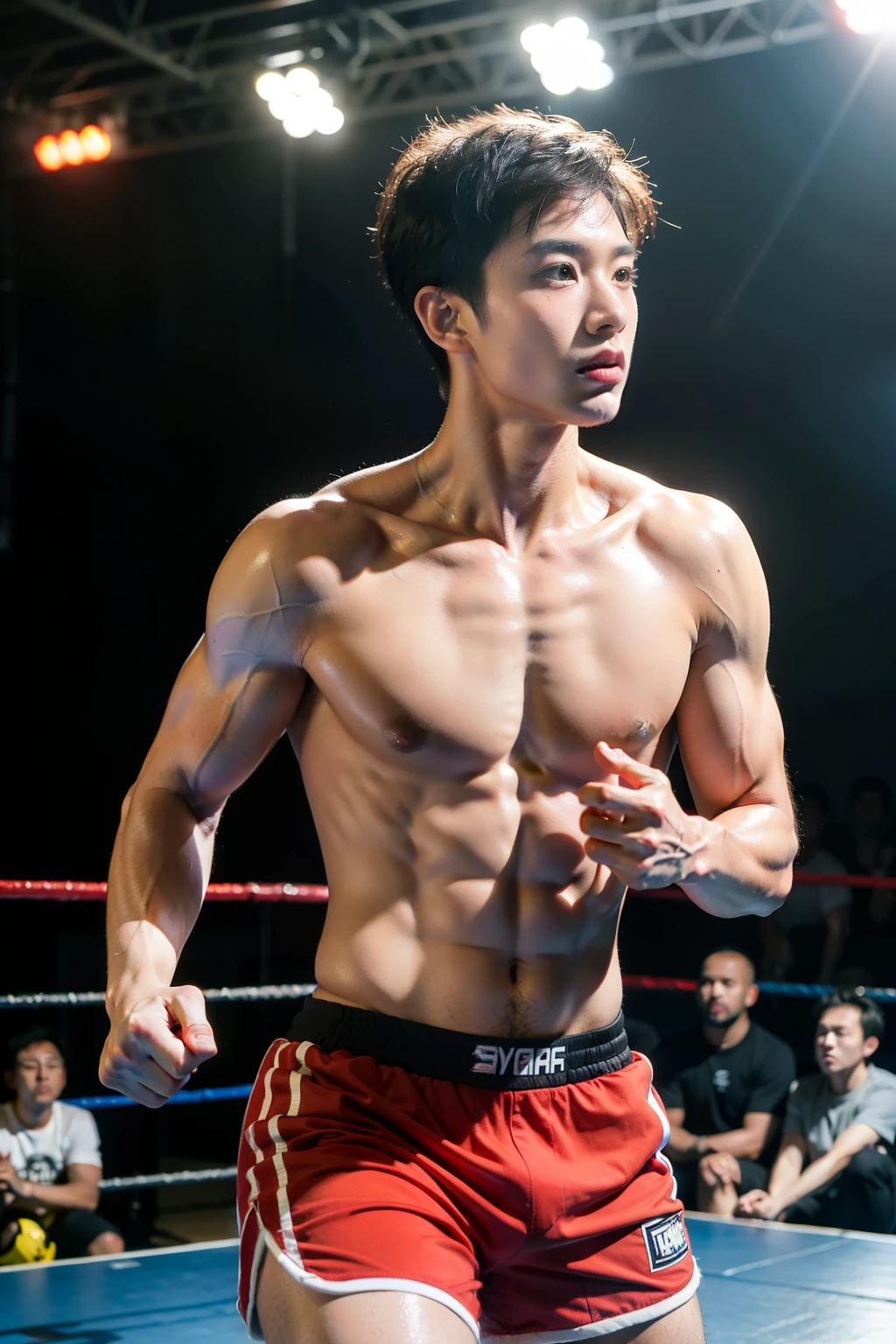 Best quality, super high resolution, (realistic: 1.4), bust photo, gym, 1 asian boy, standing, short hair, upper body naked, muscles, shorts, yang yang, (looking at the audience), (close-up), wrestler((best quality)), ((masterpiece)), (detailed), perfect face