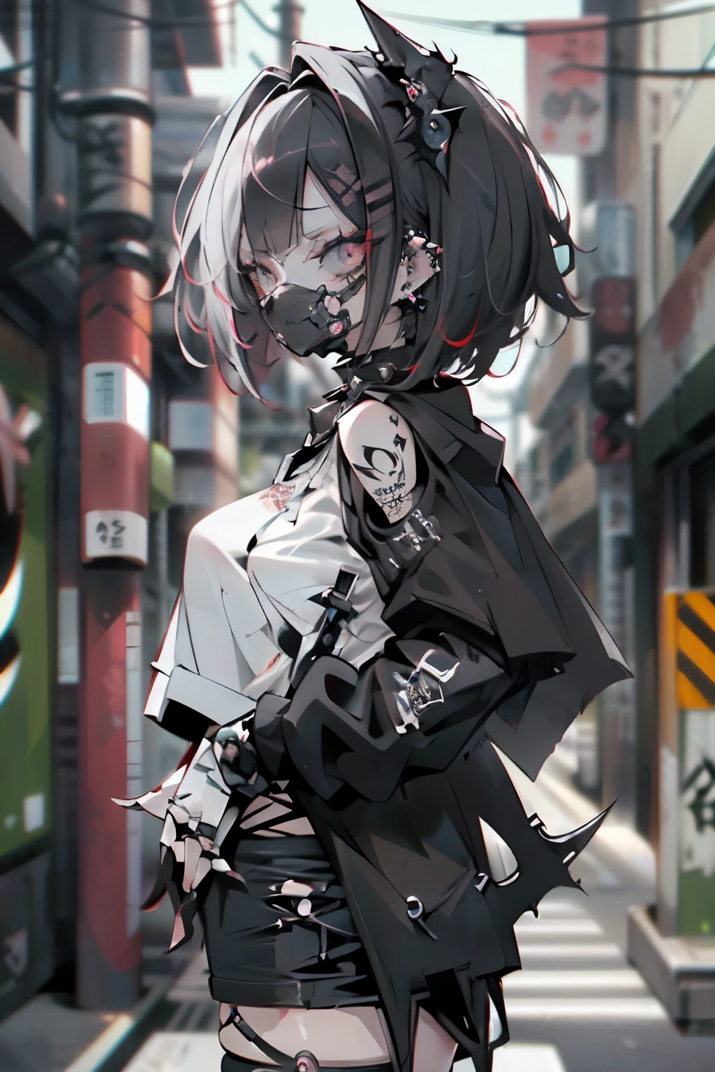straight fadecut haired, Punk Girl, Without mohawk sleeves, The tattoo, head phone, 🎧, goth_punk, 1girl in, solo, medium shot, Walking in Harajuku, ((during night)), bokeh dof, Neon light, Iridescent eyes, gray eyes, red glowing hair, Black eyebrows, Radiant hair, (iridescent red hair), lots of earrings, labret, facial piercings, bangs, jewelry, masks, blunt bangs, Mouth mask, blurry background, blurry, hair adornments, Look at viewers, short hair, portraitures, side look, goth, (masterpiece), (Portrait), (Aesthetic), (Beautiful), (upper body), (High quality), (aesthetic clothings), (professional angle), (thirds rule), (Feminine), (Woman), (Female), (Beautiful), (Feminine features), (25-years old), Solo, 1 woman, (Charming punk girl), Dramatic light, ((Playing guitar)), (Standing), Edgy makeup, (huge breasts), (Front face), (Defiant expression), ((defiance)), (Leather jackets and tattoos), ((Short hair)), (dyed (E.G. and pinks) hair), (spiky hair), (Thick hair), matte Shine Hair, (Hair bands scattered in the hair), (gray eyes), (Bold and bold look), (pale skin), (Dark clothes), (Band T-shirt), (Ripped jeans), (-), crew neckline), ((Urban alley background)), (up close shot), Beautiful hands, Two hands, normal hands, Two arms, complete hands, Beautiful body, Beautiful fingers, normal fingers, Five Fingers, Five Fingers, (Thumb index finger ring finger), Beautiful ears, normal ears, Beautiful eyes, shiny eyes, Beautiful mouth, Beautiful lips, tatoos, black gloves,
