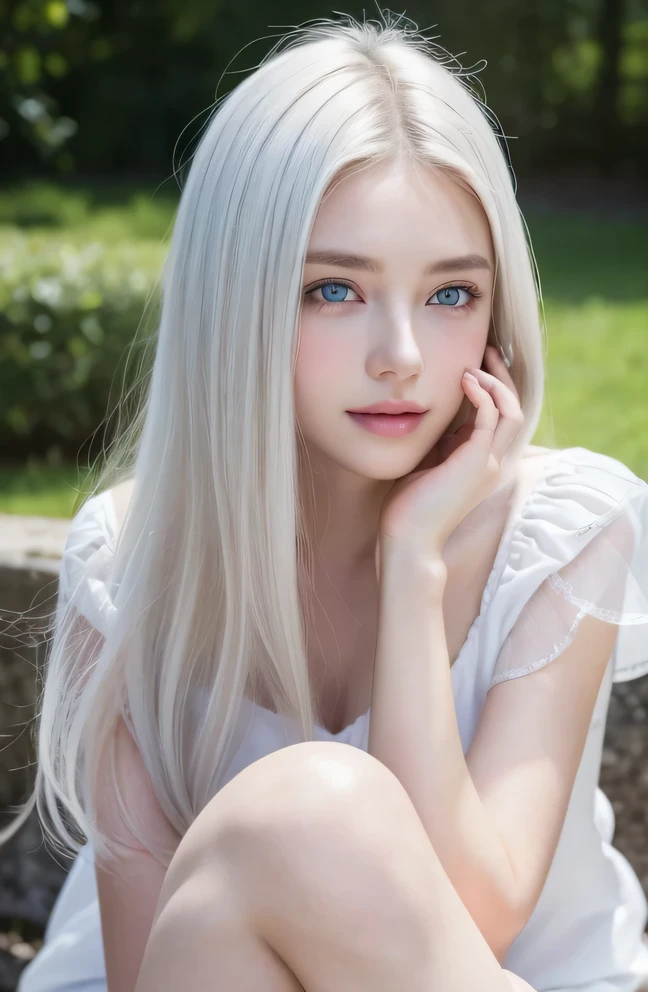 １４歳のwhite人モデル, 立っているPhoto above the knee,（(Clean clothes)), white clothes, Natural light, きれいなwhite人女性, white hair, lazy smile, (8K, Live shooting, highest quality, masterpiece: 1.2), masterpiece, Super detailed, , High-definition RAW color photo, , , , , , highly detailed eyes, realistic skin texture, highly detailed fingers, very small nose, highly detailed mouth, , Photo above the knee, , See-through feeling、transparent processing、wearing tight clothes、, white髪, blue eyes, masterpiece, realistic skin texture, , shiny hair and white skin, 、 natural skin texture,  young woman like a girl,  Photo above the knee、blue eyes,  、lowered eyebrows,  innocent face,  Eyes that look kind,  natural skin texture, round face,  kind eyes, long and pure white beautiful hair、, small face,  No decorations included,  white, droopy eyebrows,  Mont Blanc, white, droopy eyebrows