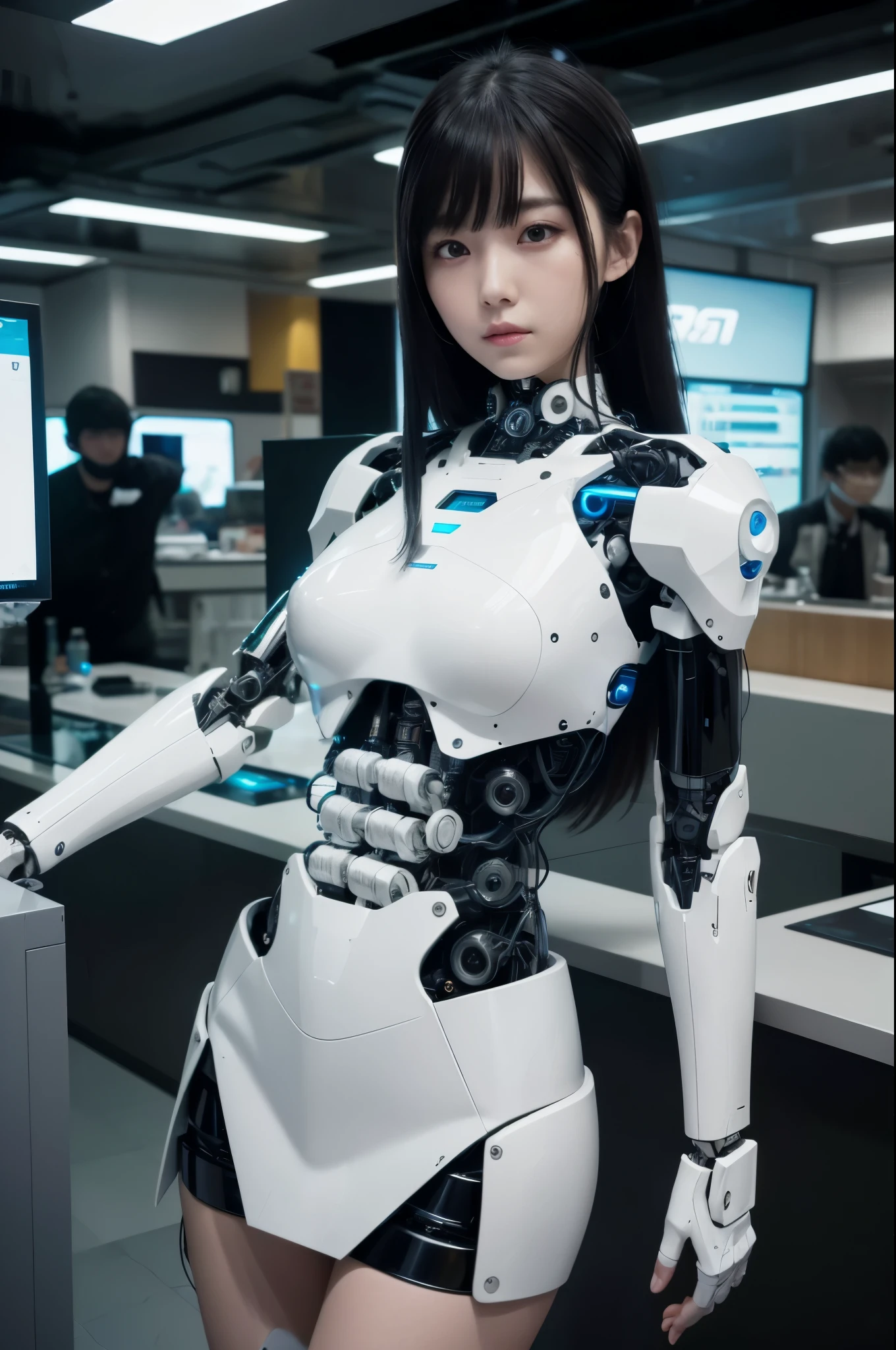 masterpiece, best quality, extremely detailed, (8K, 4K, Best Quality, hight resolution, 超A high resolution:1.1), (masutepiece, Realistic, Photorealsitic:1.1), Japaese Cyborg girl,Plump , control panels,android,Droid,Mechanical Hand, Robot arms and legs, Black Robot Parts,Black hair,Mechanical body,Blunt bangs,White robotics parts,perfect robot girl,future information counter,reception,long tube,thick cable connected her neck,ceramic body ,mechanical body, mechanical costume,android,robot,humanoid,cyborg,information office,japanese android receptionist ,mechanical chest,control panels,android,Droid,Mechanical Hand, Robot arms and legs, Black hair,Mechanical body,Blunt bangs,perfect mechanical abdomen,White robotics parts,perfect robot woman,She is powered by electricity,white robot body,perfect mechanical body,black sponge joints,The removable cover is on the groin,The connection port is on the groin,access panel on the chest,miniskirt,pleated skirt,dress shirts,dark black tights,perfect machine body,She has repaired now,perfect robot girl,robot receptionist,robot concierge,She is in information counter,