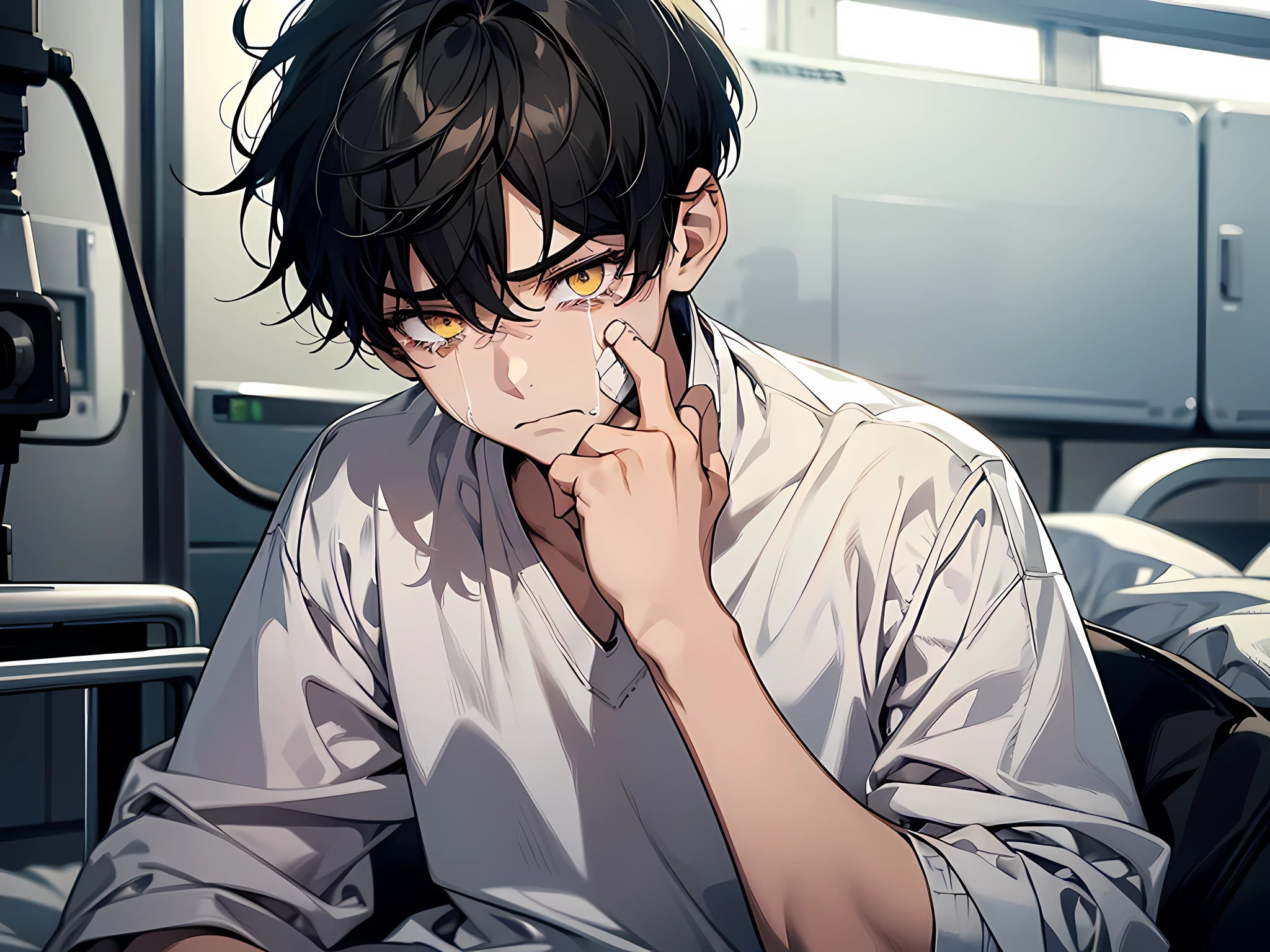 image of a boy with bandages on his face, he has wounds on face, yellow eyes, black hair, smooth hair, short hair, crying, wearing white school shirt, half body illustration, sad expression, loser, sitting on hospital bed