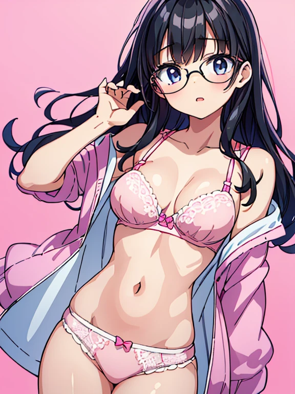 She is only wearing a pastel pink front-hook bra and pastel pink panties that come with the bra.、Straight black hair and glasses、An illustration of a beautiful -teerl with long black hair who is excitedly trying to fasten the front hook of a pastel pink front hook bra that she is wearing for the first time.。