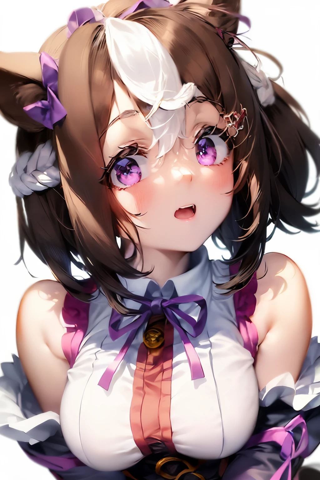 special_week_\(Umamusume)、bow ribbon、bow ribbon、bow ribbon、corsets、Fluffy breasts、nursing、toppless、teats、The upper part of the body、(Refers to the viewer:1.3)、Happiness、(White background:1.5)、(front-facing view:1.3)