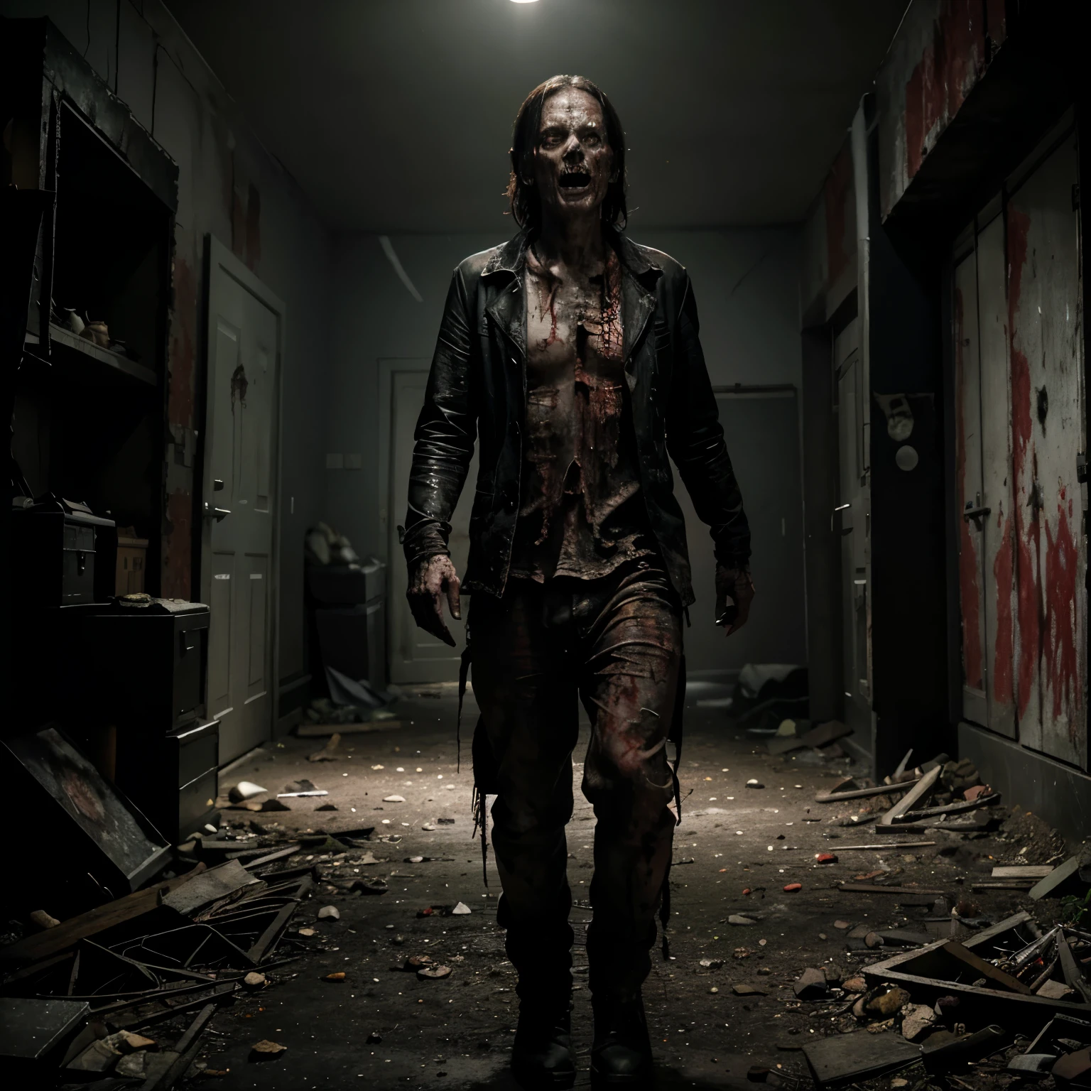 best quality,4k,8k,highres,masterpiece:1.2,ultra-detailed,realistic:1.37,zombie,revived corpse,creepy atmosphere,horror genre,darkness,haunting,terrifying,rotting flesh,decay,blood stains,dreadful,evil,morbid,gloomy,horrifying transformation,strong contrasting shadows,emaciated body,glowing red eyes,shambling gait,distorted limbs,rotten teeth,fear-inducing presence,sinister,undead,horrifying transformation,horror movie vibes,spooky mood,nightmarish,haunted look,ghastly appearance,zombie apocalypse,apocalyptic setting,hopelessness.