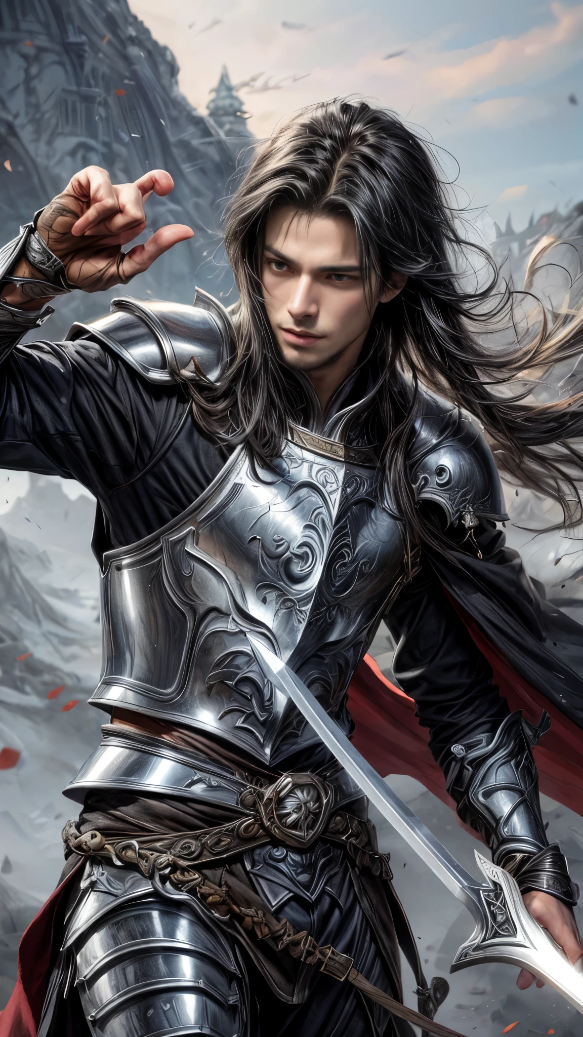 arafed potrait of a man in armor with a sword, graphic artist magali villeneuve, handsome guy in demon slayer art, by Yang J, magali villeneuve', by Fan Qi, inspired by Magali Villeneuve, fantasy warrior, male warrior, picture of an adult male warrior, high quality fantasy art, by Magali Villeneuve, fantasy male portrait, lancelot extreme realistic 