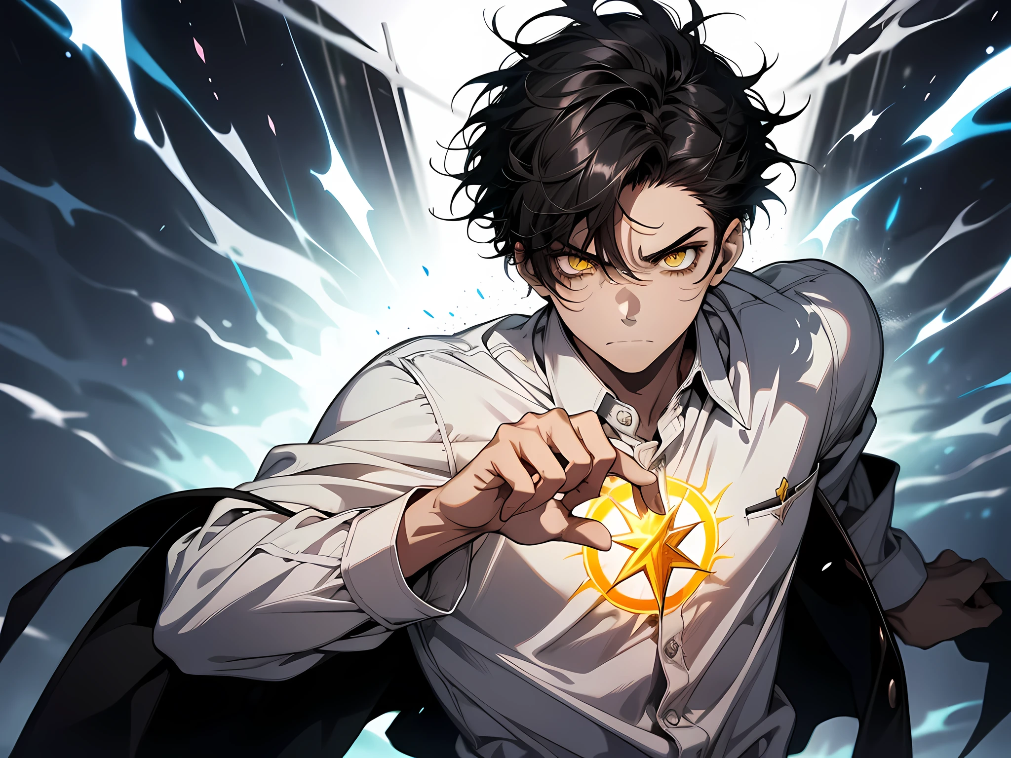 1 boy, with messy hair, black hair, short hair, staring at camera, angry facial expression, yellow eyes, wearing white school shirt, background is in classroom, demonic aura, black lightning around his body, magical spell swirling around