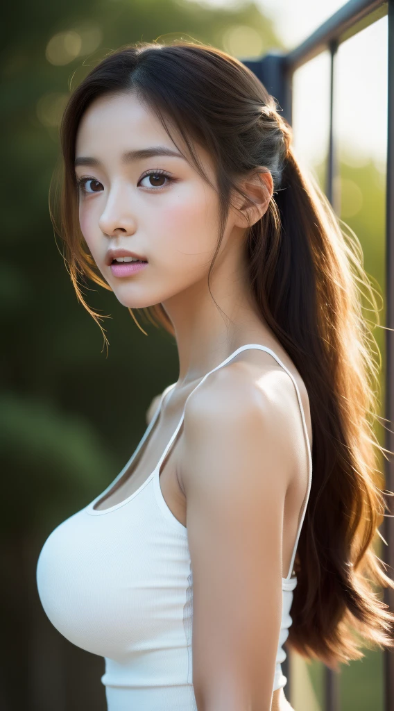 (Dancer girl:1.3)、(Close-up of bust:1.3)、(dancing:1.3)、(Viewed from the side:1.3)、(Faces are similar)、(wearing a tank top:1.3)、(wearing a miniskirt:1.3)、(masterpiece、highest quality) 、soft lighting、dynamic angle、absolutely great image, very very beautiful、masterpiece, highest quality,photograph, cute、(big breasts:1.3)、20 year old girl、The skin is reddened、Girl with realistic young idol Japan、Young and cute gravure idol、Young sensual gravure idol、young gravure idol、japanese model、8k