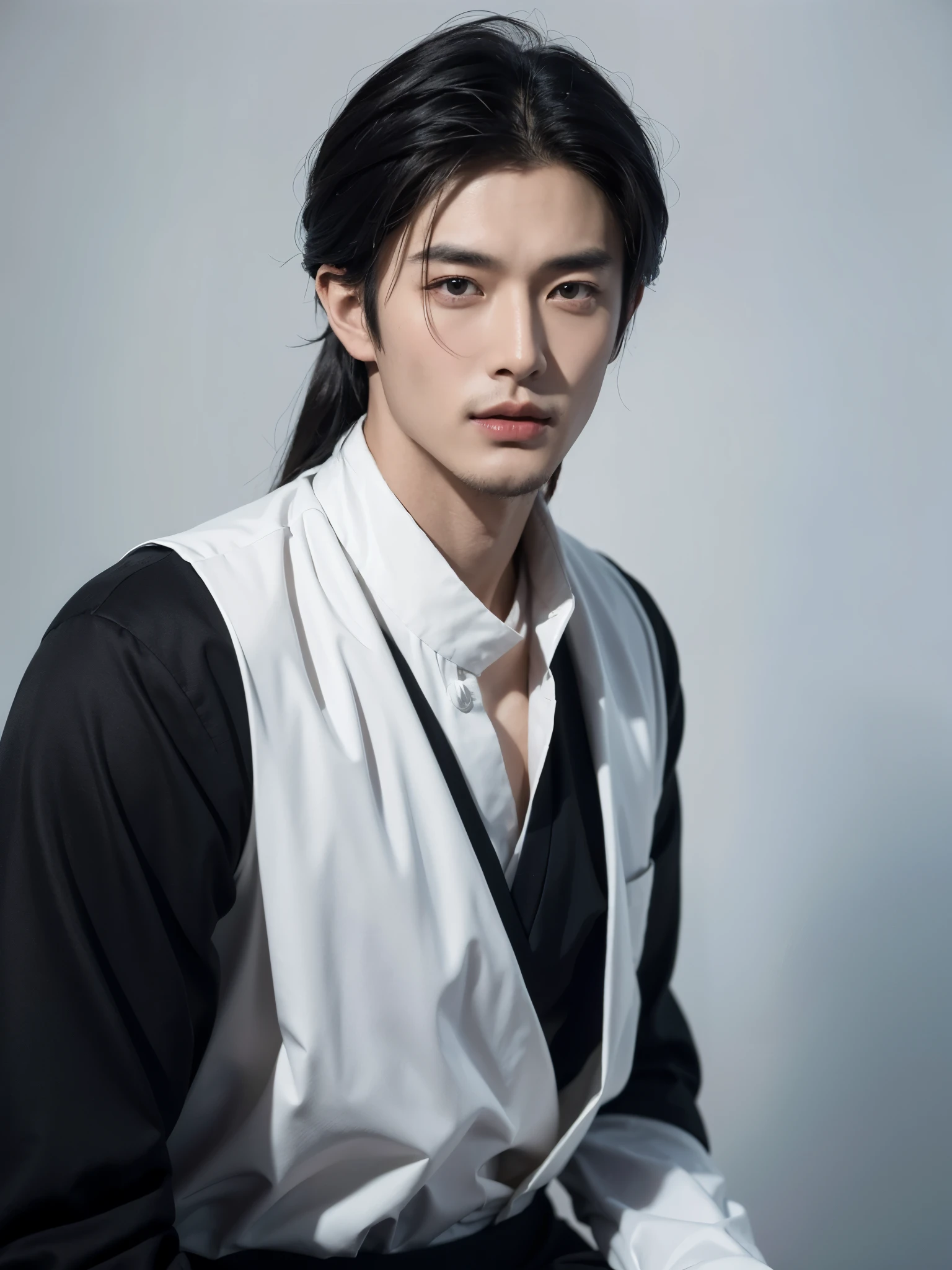 （male character design），（Close-up portrait of a cold and aloof Chinese handsome man Pan An），Pan An as a representative figure of Chinese male beauty，Messy long hair，Delicate with red lips and white teeth、Preferring to be soft and melancholy，Hairstyles in the Western Jin Dynasty of China，Literary and romantic，&quot;Looking like Pan An&quot; is used to describe a person who is elegant and has outstanding appearance.，Refers specifically to men，Inspired by the young Alain Delon，black and white，Chinese ink painting，black and white插画，
