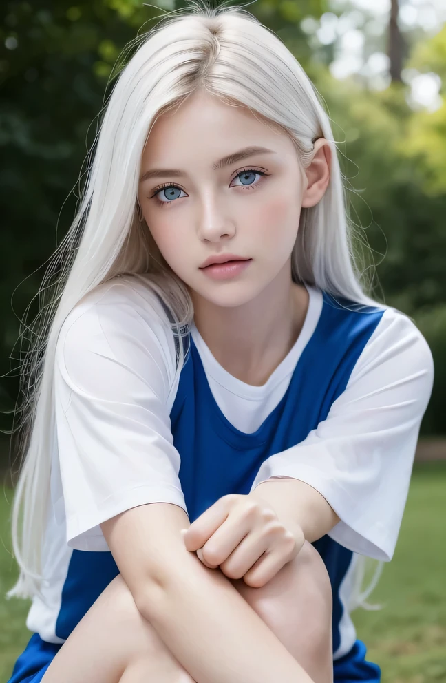14歳のwhite人モデル, 立っているPhoto above the knee,((Clean clothes)), white clothes, Natural light, きれいなwhite人女性, white hair, lazy smile, (8K, Live shooting, highest quality, masterpiece: 1.2), masterpiece, Super detailed, , High-definition RAW color photo, , , , , , highly detailed eyes, realistic skin texture, highly detailed fingers, very small nose, highly detailed mouth, , Photo above the knee, , See-through feeling、transparent processing、Wearing sports uniforms、, white髪, blue eyes, masterpiece, realistic skin texture, , shiny hair and white skin, 、 natural skin texture, young woman like a girl, Photo above the knee、blue eyes, 、lowered eyebrows, innocent face, Eyes that look kind, natural skin texture, round face, kind eyes, long and pure white beautiful hair、, small face, No decorations included, white, droopy eyebrows, Mont Blanc, white, droopy eyebrows