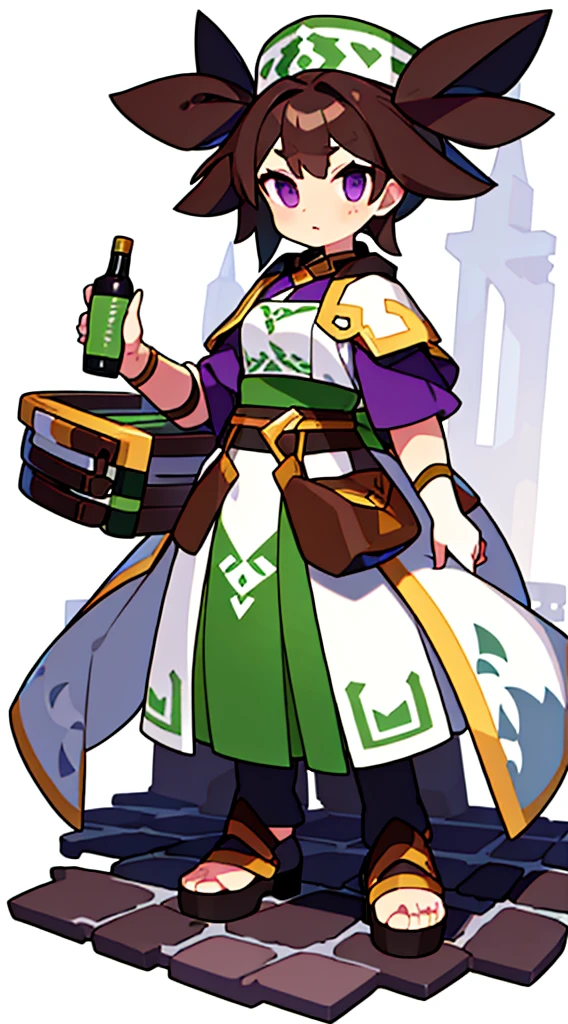 solo female, (((blurry background, white background))), character focus, fantasy clothes, standing, character design, pharmacist, merchant, dark green/brown/violet outfit,
dark green/brown/violet,
