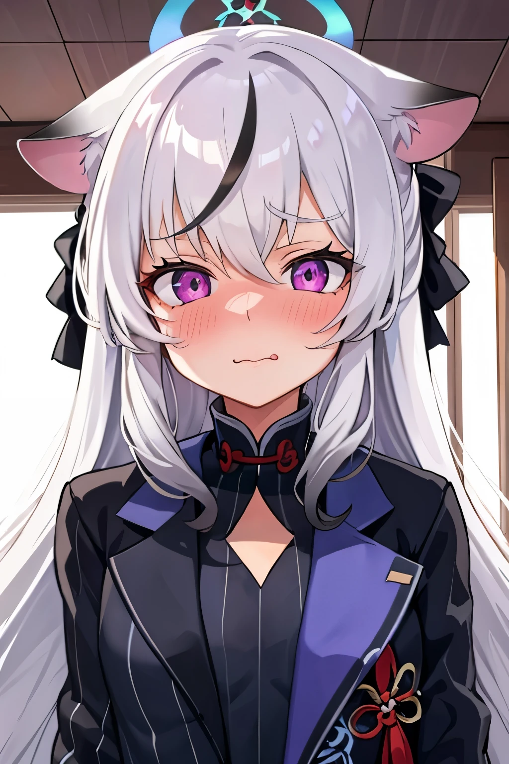 1girl, kokona, indoors, purple eyes, white hair, :3 mouth, embarrassed, beautiful eyes, beautiful lips, shiny lips, extremely detailed eyes and face, long eyelashes, close-up, warm lighting, vibrant colors, looking at the viewer, embarrassed look, blush, Winter suit, winter wonder