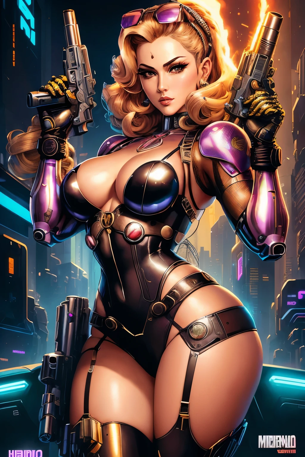 Madonna pulp poster of a bionic bombshell, a cyberpunk pin up girl with a metallic robotic body, holding a big gun, cabelos escuros longo, detailed features, quantum wavetracing, cinematic composition by hajime Sorayama