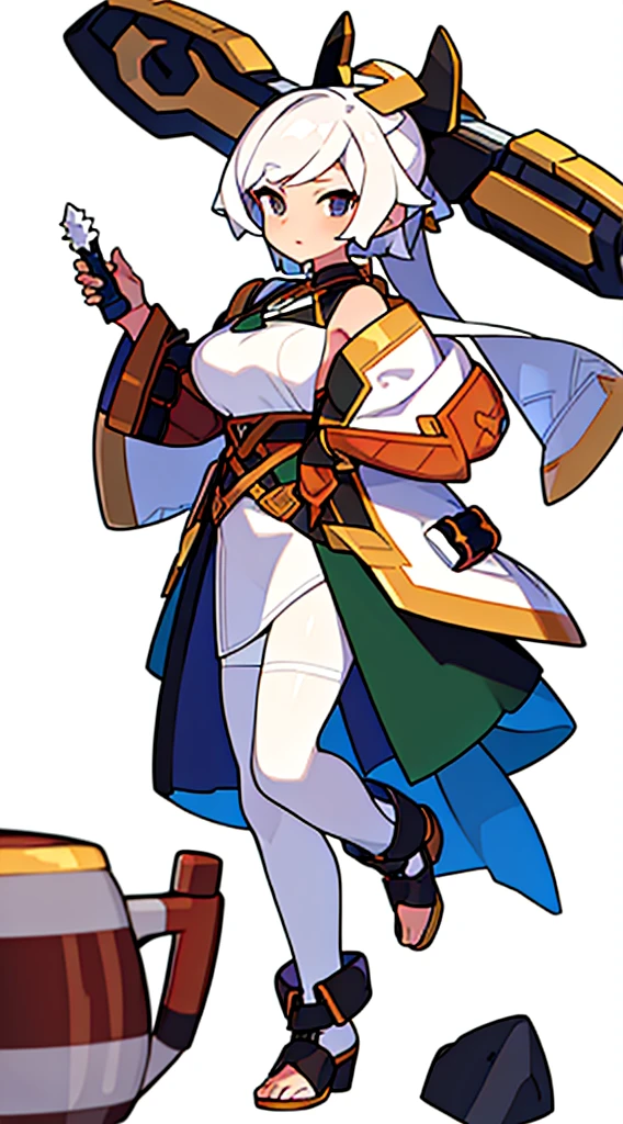 solo woman, (((blurry background, white background))), character focus, fantasy clothes, standing, character design, pharmacist, villager, 