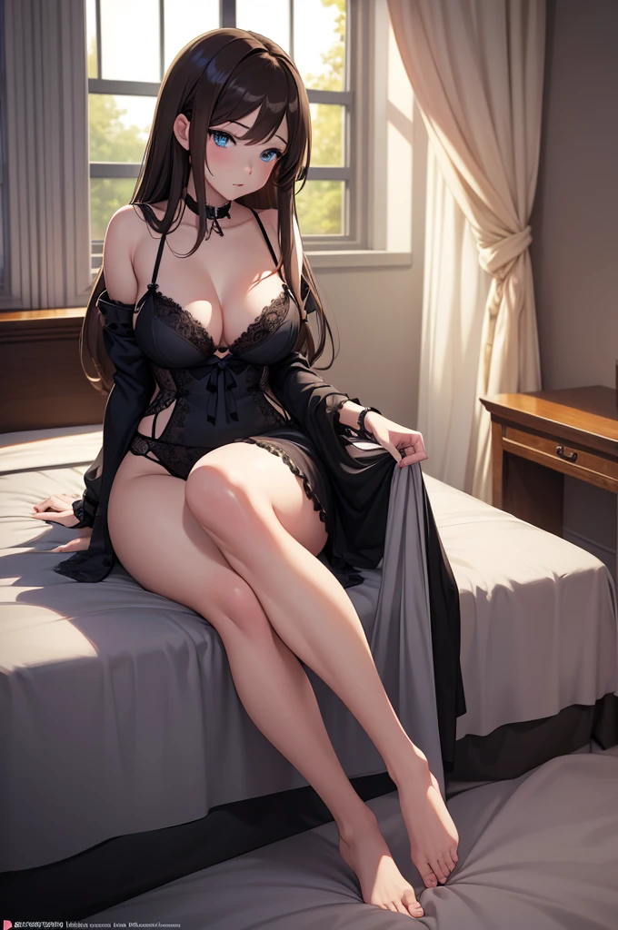 one Rebecca wearing black lingerie, long brown hair, blue eyes, sitting on bed, sexy feet, [ 4 k digital art ]!!, seductive anime girl, deviantart artstation cgscosiety, trending on cgstation, 8k high quality detailed art, photorealistic anime girl render, kawaii hq render, commission for high res, thicc