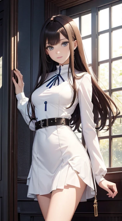 masterpiece++, best quality++, ultra-detailed+, extremely detailed++, 4K, 8K+, best quality, beautiful+, anime style,1person,full body image,room,girly white mimi onepiece dress,leather belt,tight belt,slim, slender straight brown hair,beautiful blue eyes, beautiful eyes++,long straight hai