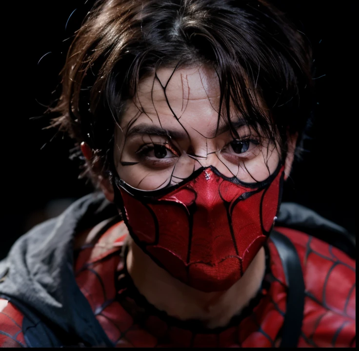 A man with a spider-man mask on his face., cuchilla del grupo de drenaje, malla roja en la cara, red webs, futuristic style spider man, mirada aterradora, spider man portrait, salpicaduras de sangre en los lados, Peter Parker, cai xukun, ( ( Spiderwoman ) ), Peter Parker as spiderman, artista coreano, cubierto de limo rojo