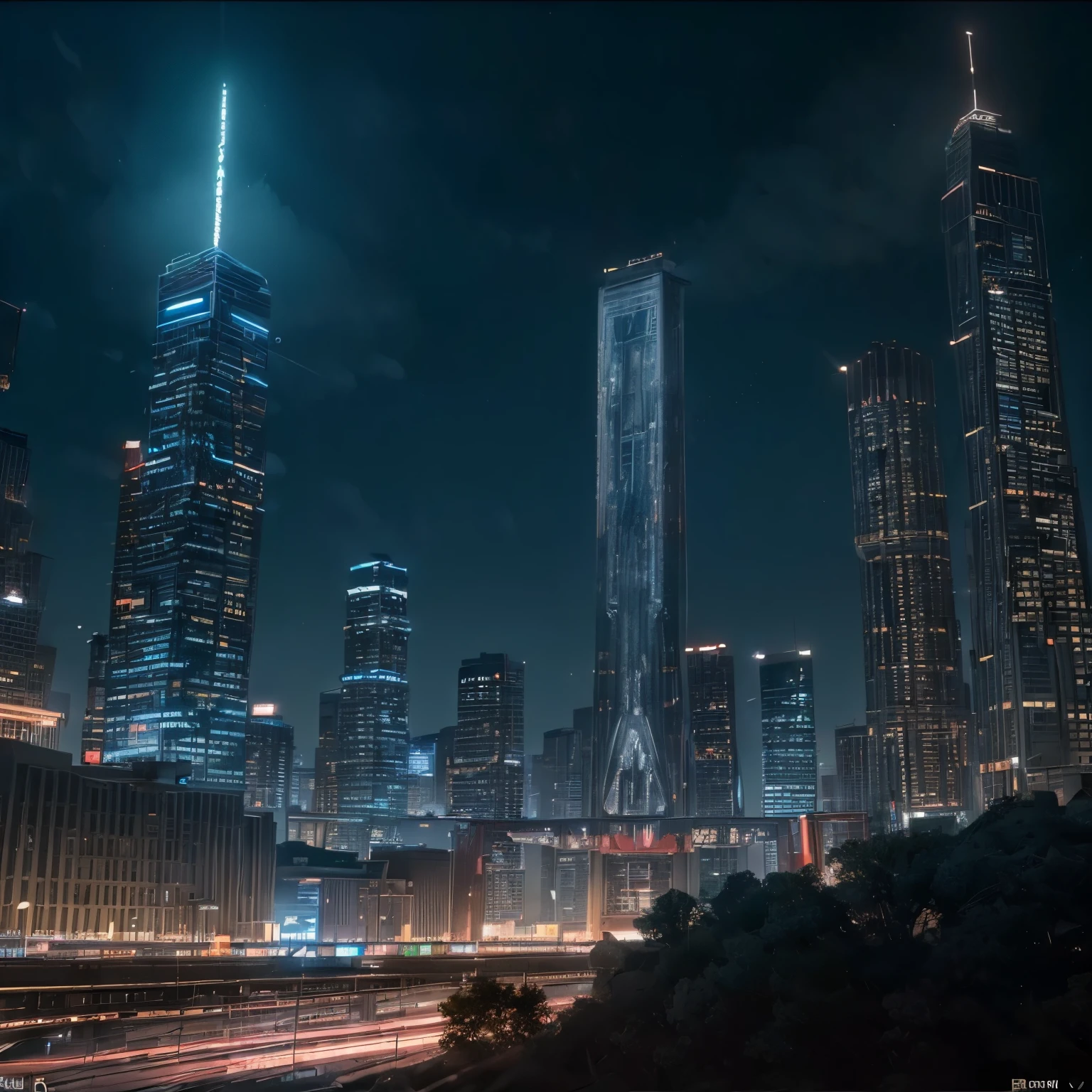 (((8k, RAW Photo, Best Quality, Masterpiece: 1.4))), Ultra High Resolution, Ultra Detailed, Illustration, Close Up, Environment Only, Futuristic City, Technological, Night, Starry Sky, Future, Imagination, Outdoors