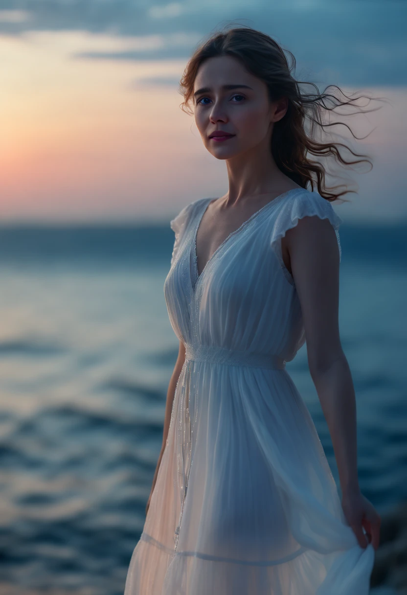 cinematic photo 1lady, white dress, standing in front of the sea, blue hour, soft color, 35mm photograph, film, bokeh, highly detailed, (realistic, photorealistic, RAWphoto:1.4), (best quality, masterpiece, Representative work, official art, Professional, 8k:1.3)