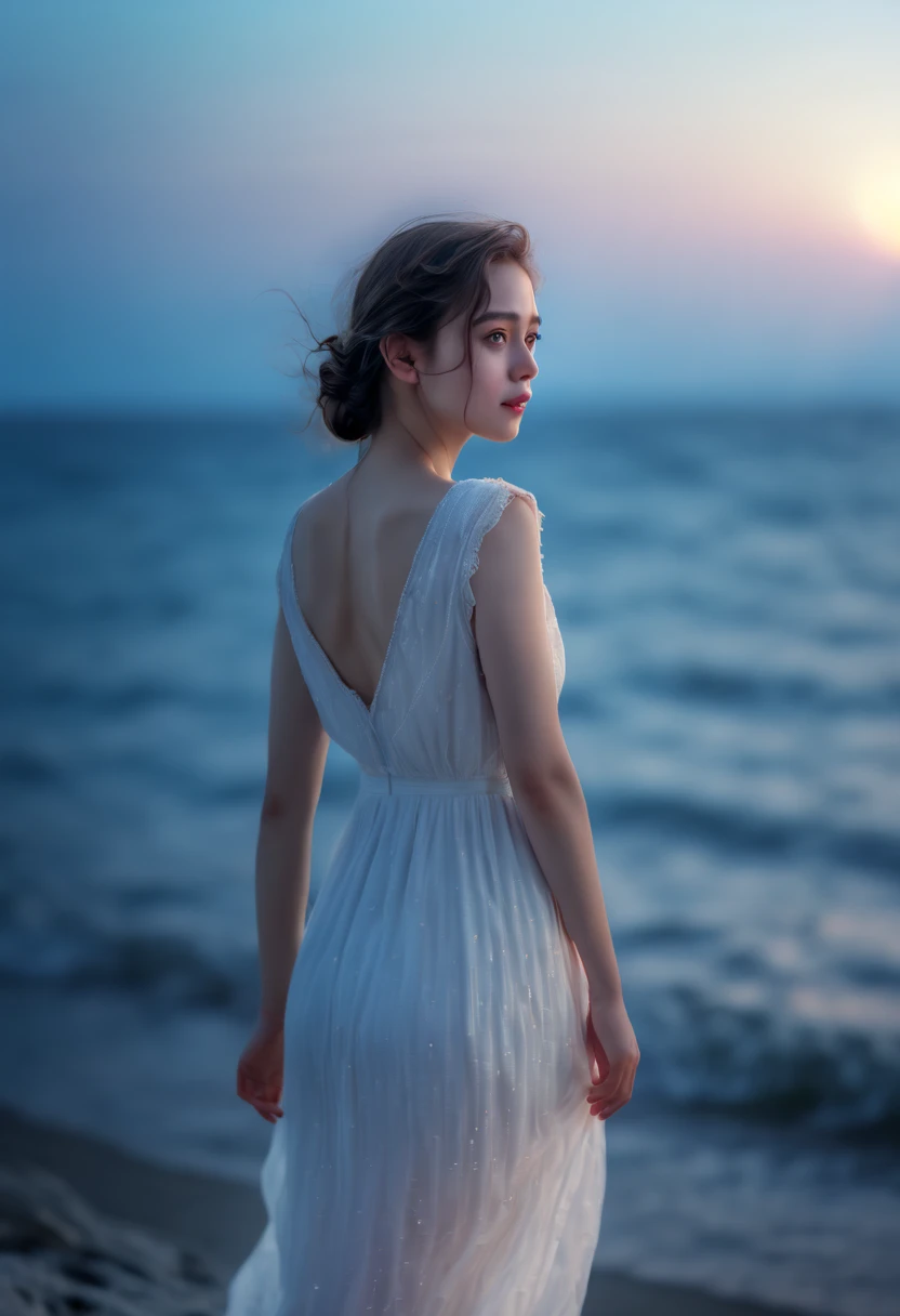 cinematic photo 1lady, white dress, standing in front of the sea, blue hour, soft color, 35mm photograph, film, bokeh, highly detailed, (realistic, photorealistic, RAWphoto:1.4), (best quality, masterpiece, Representative work, official art, Professional, 8k:1.3)