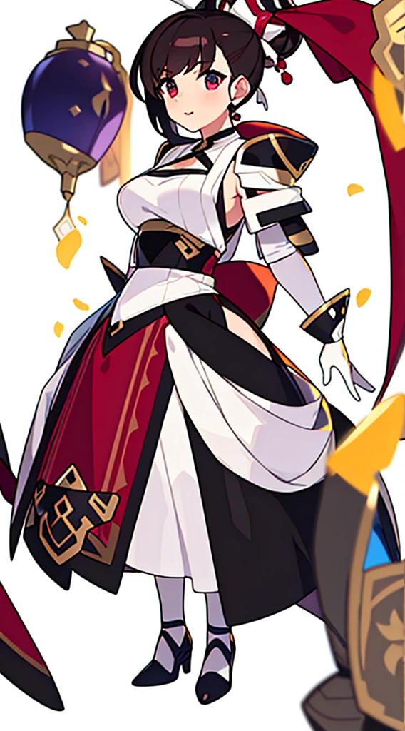 solo woman, (((blurry background, white background))), character focus, fantasy clothes, standing, character design, apron dress,