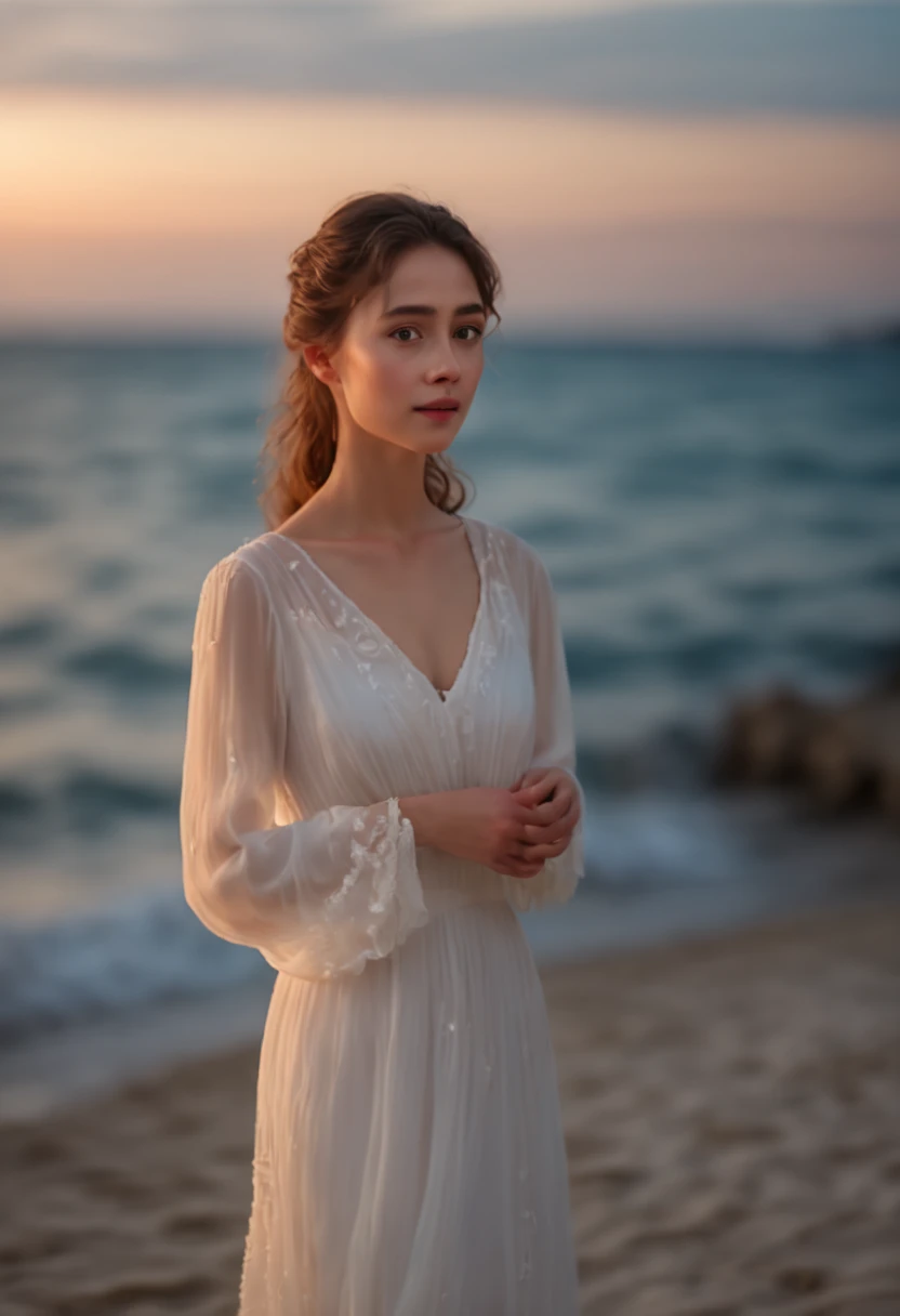 cinematic photo 1lady, white dress, standing in front of the sea, blue hour, soft color, 35mm photograph, film, bokeh, highly detailed, (realistic, photorealistic, RAWphoto:1.4), (best quality, masterpiece, Representative work, official art, Professional, 8k:1.3)