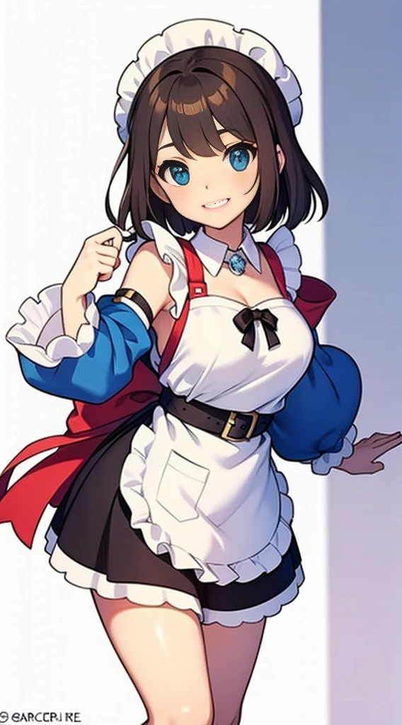 solo woman, (((blurry background, white background))), character focus, fantasy clothes, standing, character design, apron dress,