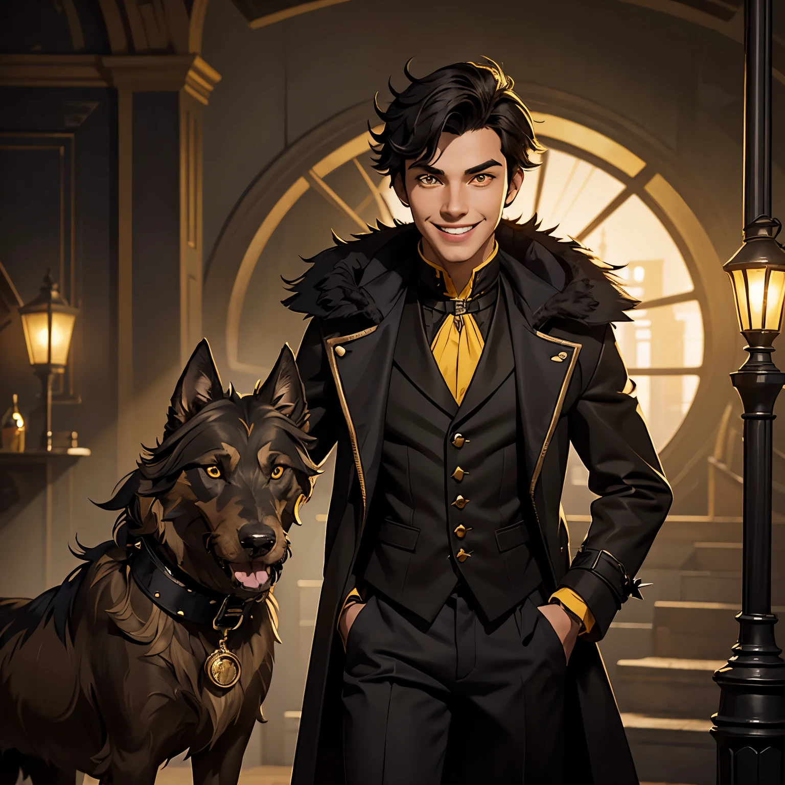 ****ng smile, teenager, boy, young, aristocrat, black short hair with spikes, dark yellow vest, brown/black dusty disheveled coat, yellow eyes, collar around the neck, cane with mace tip, a huge Irish wolfhound nearby, Black Style, easy going, Grinning, smile, torn coat