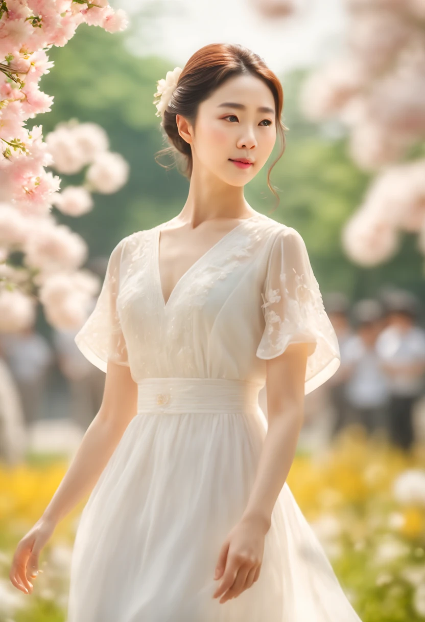 cinematic photo, a chinese lady, white dress, flowers park, dynamic pose, soft color, 35mm photograph, film, bokeh, highly detailed, (realistic, photorealistic, RAWphoto:1.4), (best quality, masterpiece, Representative work, official art, Professional, 8k:1.3)