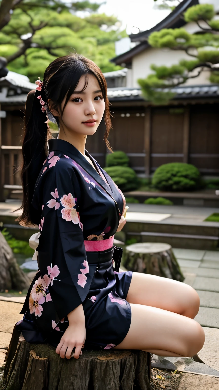最high quality、high quality、best image quality、8K、最High resolution、High resolution、最high quality、masterpiece、realistic pictures、RAW photo、realistic atmosphere、(detailed face)、(fine hands、thumb１reference４)、(beauty of japan )、very nice face、cute face、((beautiful japanese girl))、(woman), ((18 year old beautiful girl))、(glossy black hair)、(straight long hair)、(ponytail)、whole body、slim style、(shiny skin)、(Fair skin, Glossy skin)、real human skin、realistic human body structure、perfect body， perfect face， perfect hands， perfect fingers， perfect lips， perfect eyes，perfect teeth、perfect background， perfect atmosphere，look at the camera、 soft natural light、samurai kimono、maiko kimono、servant、geisha kimono、Depictions of sex、kimono越しに乳首の形がはっきりわかる、The shape of genitals is clearly visible through the hakama.、japanese kimono、Furisode、kimono、Yukata、japanese traditional、In front of the samurai residence、((colorful transparent see-through(flowery kimono、Hakama with side slits))、((Sit on a stump(Pose that makes your thighs look beautiful))