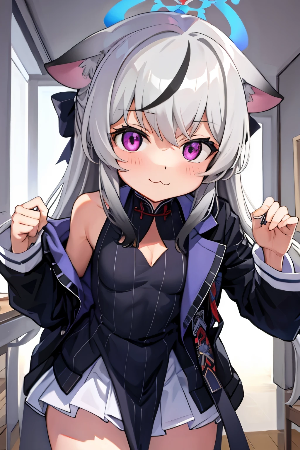 tmasterpiece， best qualtiy， ultra - detailed， 1girll，Gray hair Kokona， inside in room， Purple eye， ：3，the face  closeup cleavage,  Winter suit, winter wonder