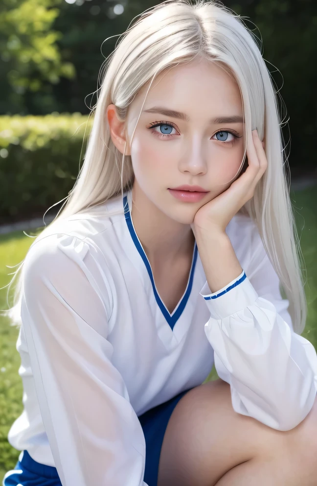 14歳のwhite人モデル, 立っているPhoto above the knee,((Clean clothes)), white clothes, Natural light, きれいなwhite人女性, white hair, lazy smile, (8K, Live shooting, highest quality, masterpiece: 1.2), masterpiece, Super detailed, , High-definition RAW color photo, , , , , , highly detailed eyes, realistic skin texture, highly detailed fingers, very small nose, highly detailed mouth, , Photo above the knee, , See-through feeling、transparent processing、Wearing sports uniforms、, white髪, blue eyes, masterpiece, realistic skin texture, , shiny hair and white skin, 、 natural skin texture, young woman like a girl, Photo above the knee、blue eyes, 、lowered eyebrows, innocent face, Eyes that look kind, natural skin texture, round face, kind eyes, long and pure white beautiful hair、, small face, No decorations included, white, droopy eyebrows, Mont Blanc, white, droopy eyebrows、sparkling eyes