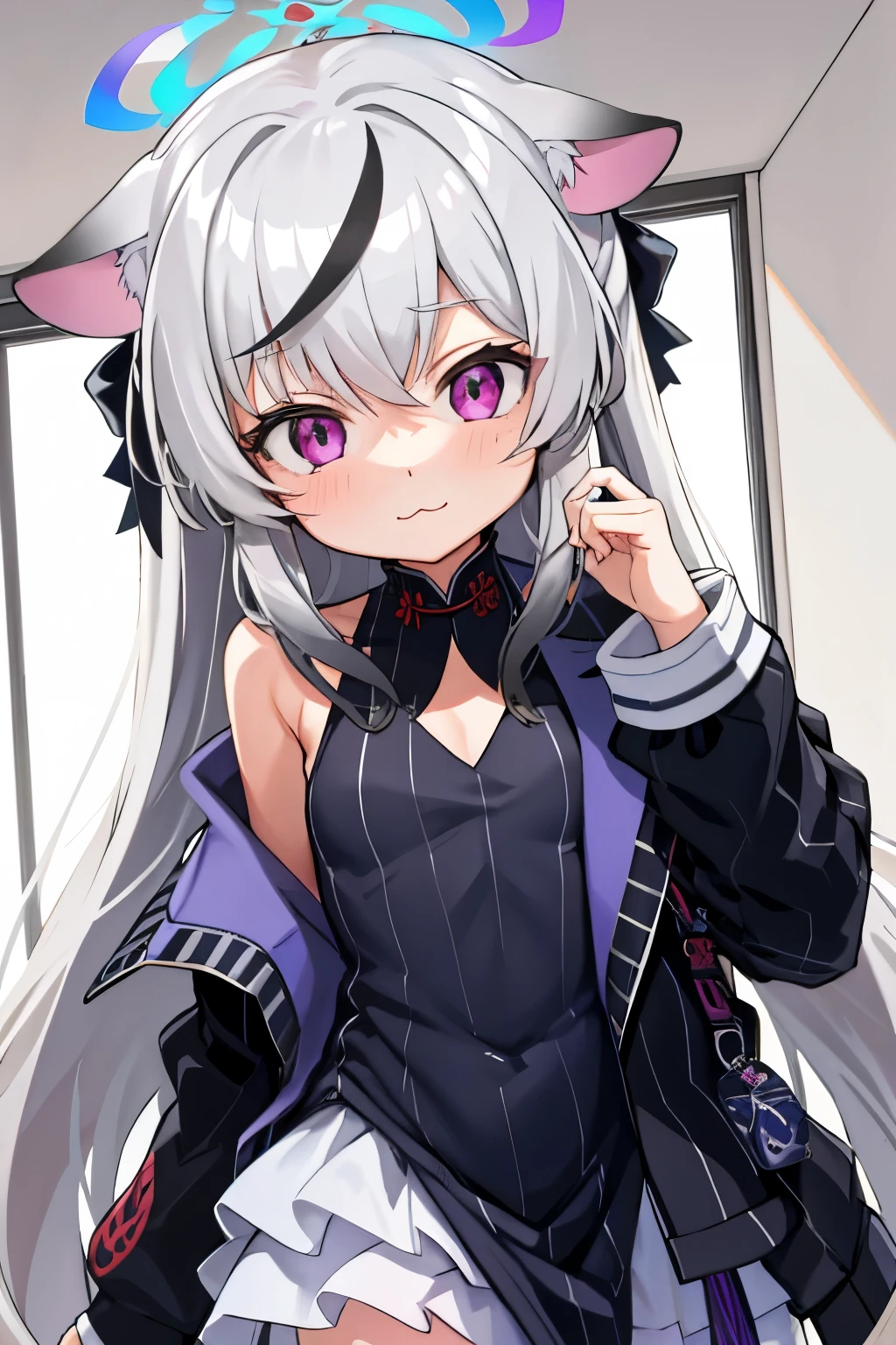 tmasterpiece， best qualtiy， ultra - detailed， 1girll，Gray hair Kokona， inside in room， Purple eye， ：3，the face  closeup cleavage,  Winter suit, winter wonder