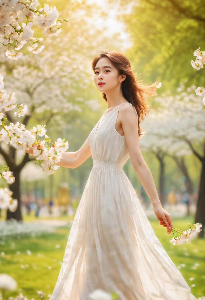 cinematic photo, a lady, white dress, flowers park, dynamic pose, soft color, 35mm photograph, film, bokeh, highly detailed, (realistic, photorealistic, RAWphoto:1.4), (best quality, masterpiece, Representative work, official art, Professional, 8k:1.3)