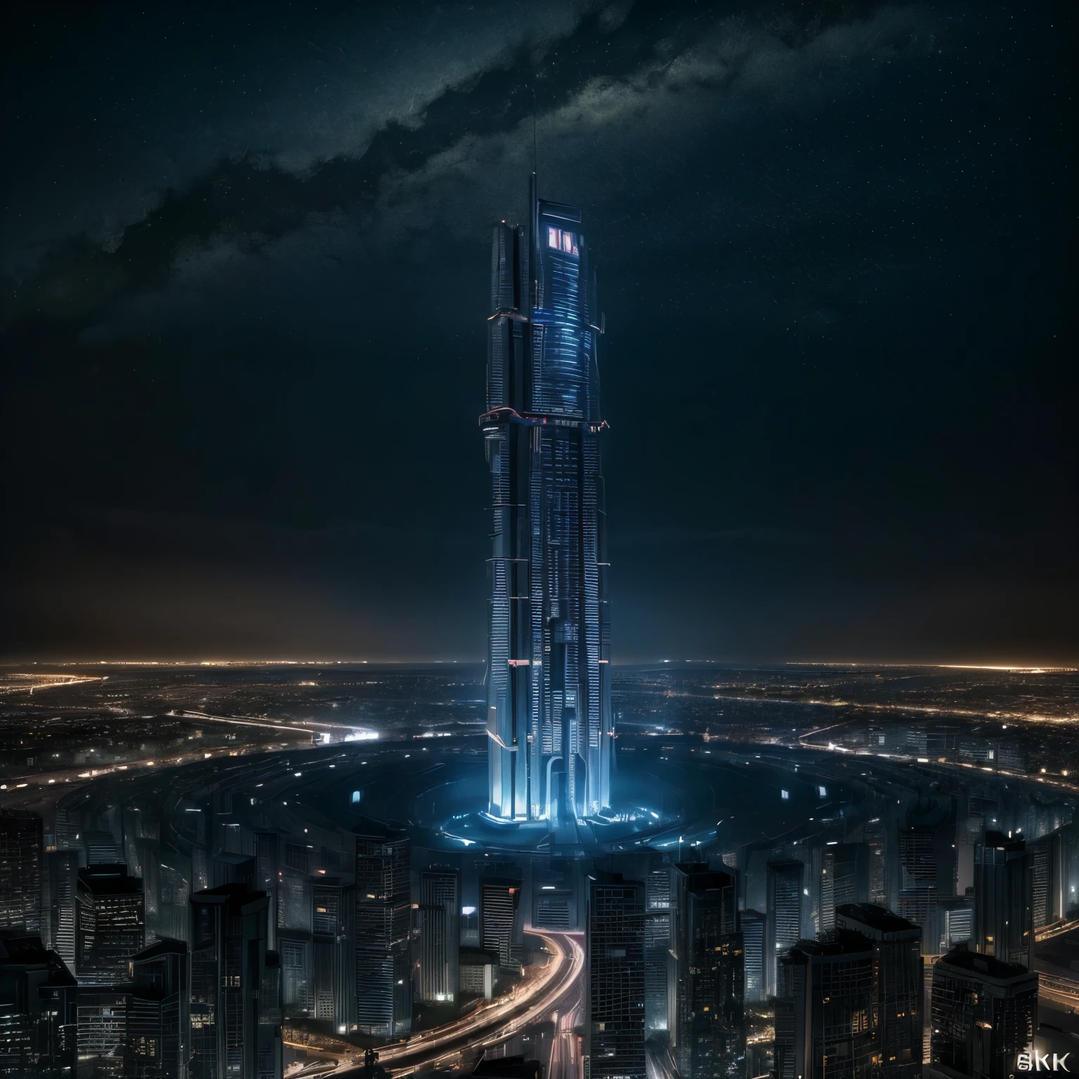 (((8k, RAW Photo, Best Quality, Masterpiece: 1.4))), Ultra High Resolution, Ultra Detailed, Illustration, Close Up, Environment Only, Futuristic City, Technological, Sci Fi Millitary Tower, Night, Starry Sky, Future, Imagination, Outdoors