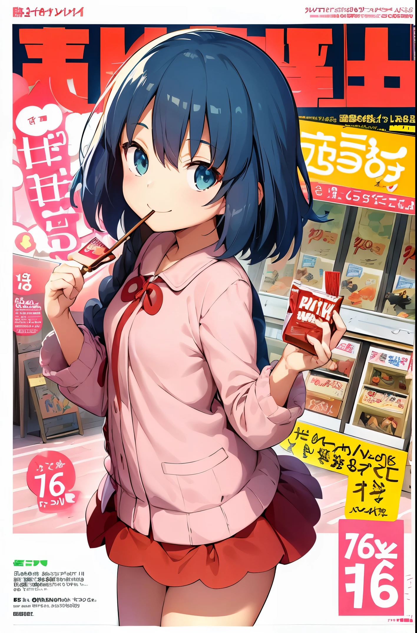 (highest quality, ),cute Kindergartener,small breasts, POCKY magazine cover,Jacket photo、Couple style,Background of sweets, Girls holding POCKY in their hands,wonderful, 18+, NSFW,girls looking at each other, ************, wonderful, cute, smile, audience, article, shape, advertisement, magazine title, Lily \(Pokemon\), POCKYのadvertisement, Are standing, cowboy shot, looking at the viewer, green eyes, smile, V arm,