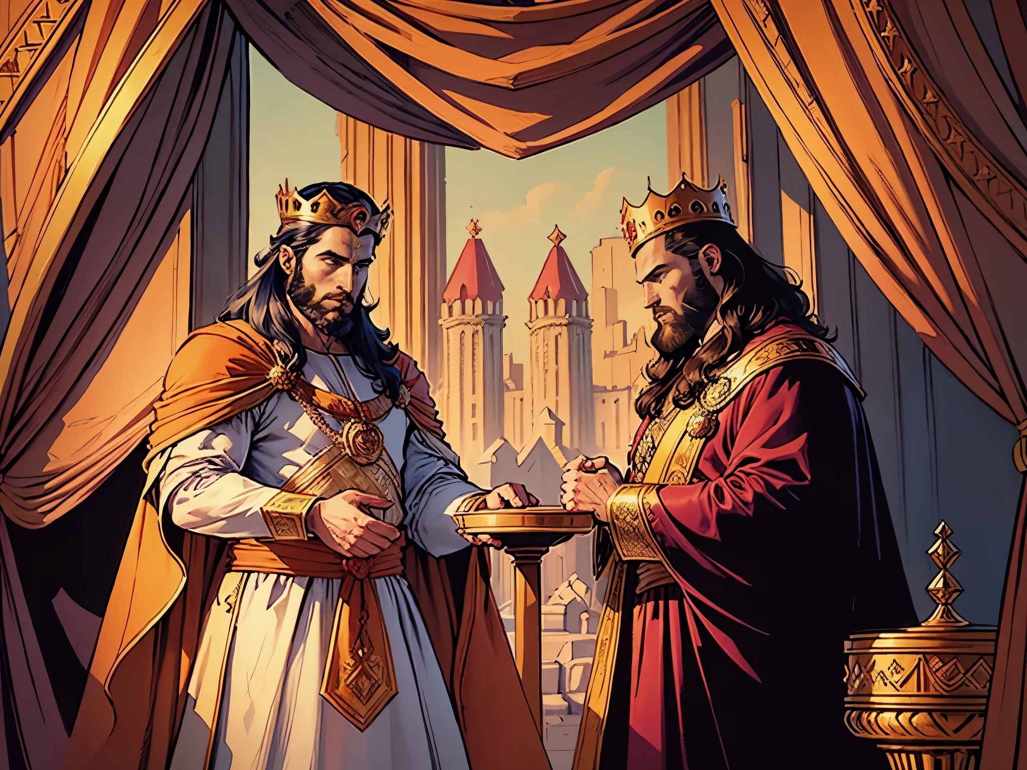 a cartoon of two men in robes talking to each other, granting him a noble title, celebrating a king being crowned, bible illustration, royal family during an argument, by Kristian Kreković, king of kings, battle of kings, full color illustration, by Romano Vio, discovered photo, way of kings, many crowns!! upon his head