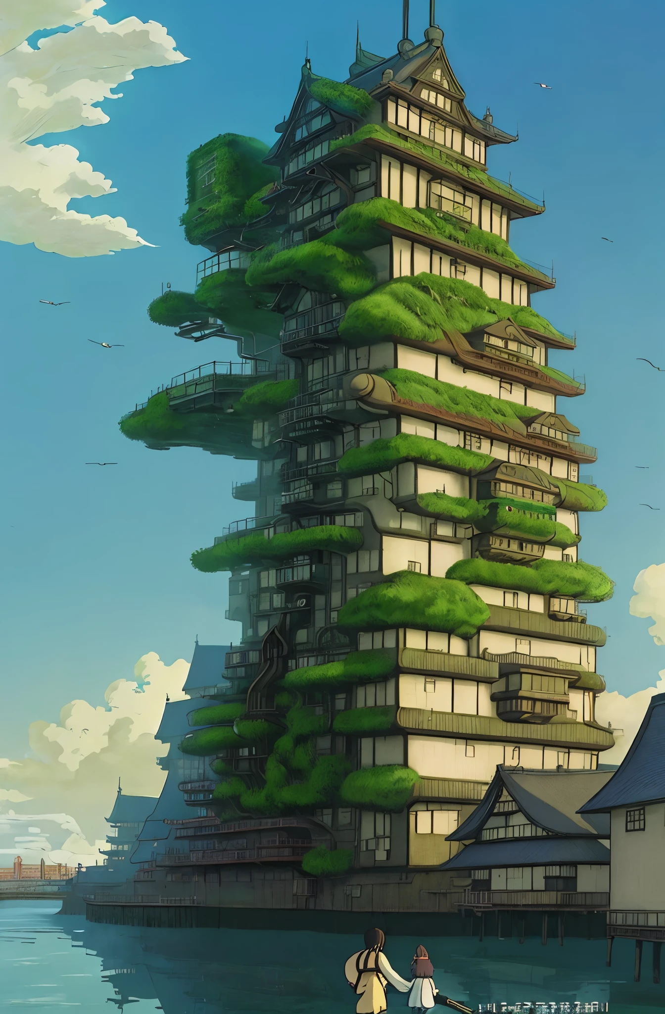 Spirited Away, by Miyazaki, Miyazaki world, peace, the anime, architechture, Walking Castle, Living City, water, Japanese architecture, steampunk, pipes