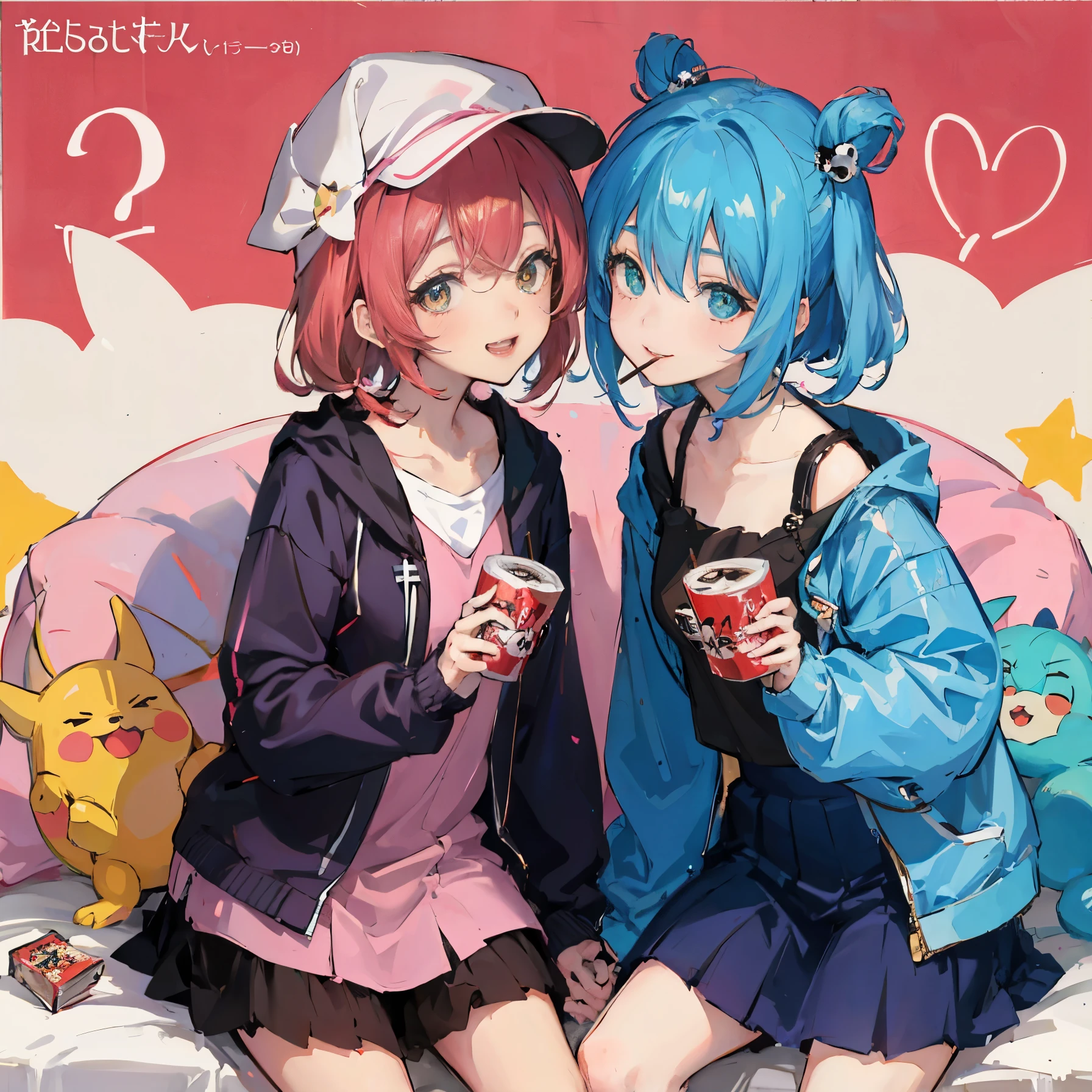 (highest quality, ),cute Kindergartener,small breasts, POCKY magazine cover,Jacket photo、Couple style,Background of sweets, Girls holding POCKY in their hands,wonderful, 18+, NSFW,Girls kissing each other, ************, wonderful, cute, smile, audience, article, shape, advertisement, magazine title, Lily \(Pokemon\), POCKYのadvertisement, Are standing, cowboy shot, looking at the viewer, green eyes, smile, V arm,