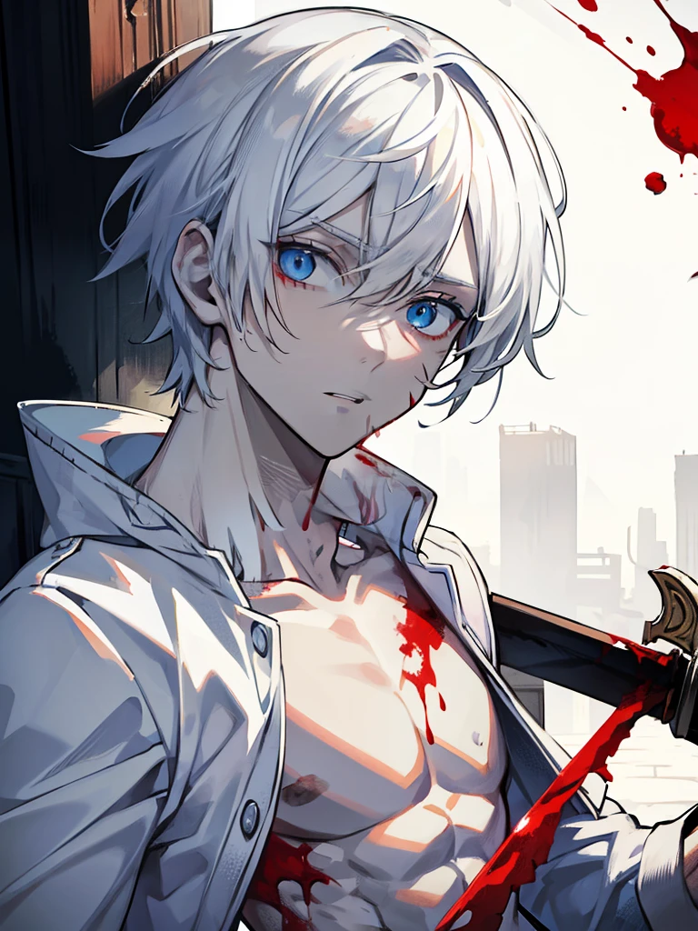White haired male, shirtless, blood on his face after killing someone, revolver, blue eyes, staring coldly,, detailed