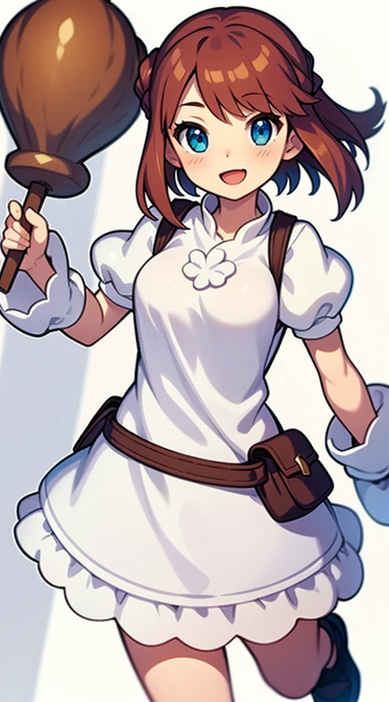 solo woman, (((blurry background, white background))), character focus, fantasy clothes, standing, character design, villager,