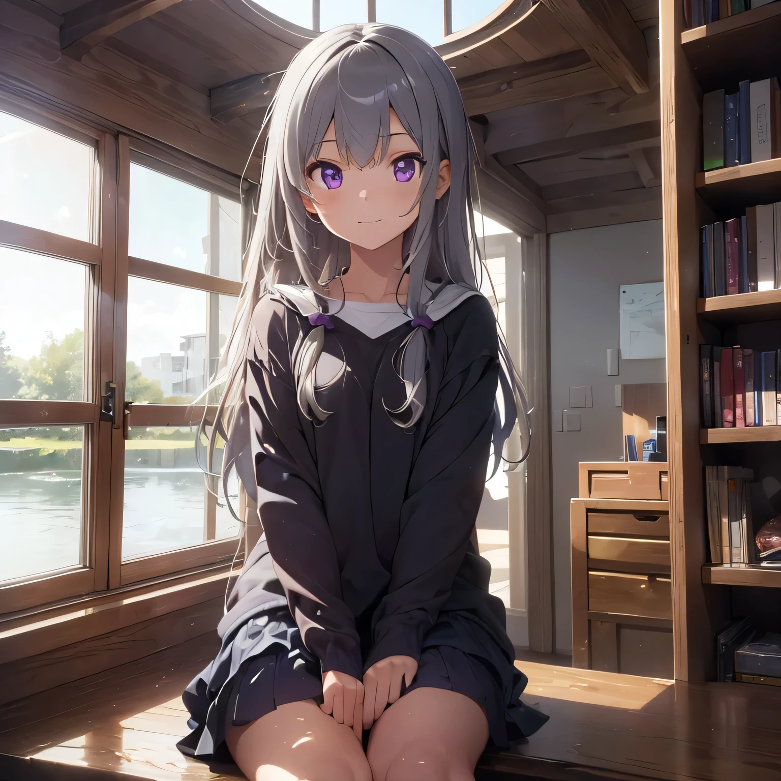 [(transparent background:1.5)::5],(((masterpiece))),(((highest quality))),(((very detailed))),shape, 1 girl,alone,Mysterious,bright colors,shiny, underwater透明の密閉半球ガラスdome, (gray hair),(purple eyes), whole body,barefoot,Quiet nature with long hair, I need,underwater, dome,close,dynamic action,Lens perspective,(((Box configuration))),sit cross-legged、Leaning against the bookshelf, volume lighting, Multicolor eyes, fine eyes, very detailed,light smile, very detailed, beautiful, small details, Super detailed, highest quality, Complex, 4K, 8K, Trends in Artstation, excellent ???????, beautiful lighting, award-winning,