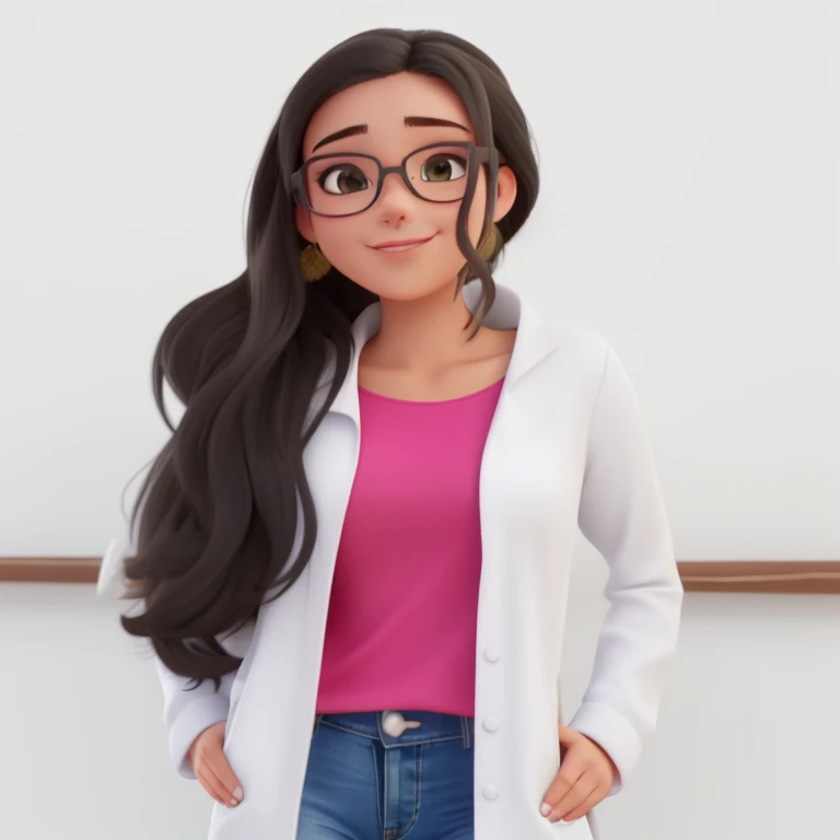 uma mulher com jaleco e jeans em frente a uma parede branca, vestindo jaleco e blusa, doutor, by Amélia Peláez, Alanis Guillen, Adriana Dxim, powder Nándor Katona, fernanda suarez, foto profissional, wearing lab coat and glasses, lorena avarez, embaralhamento dos namorados