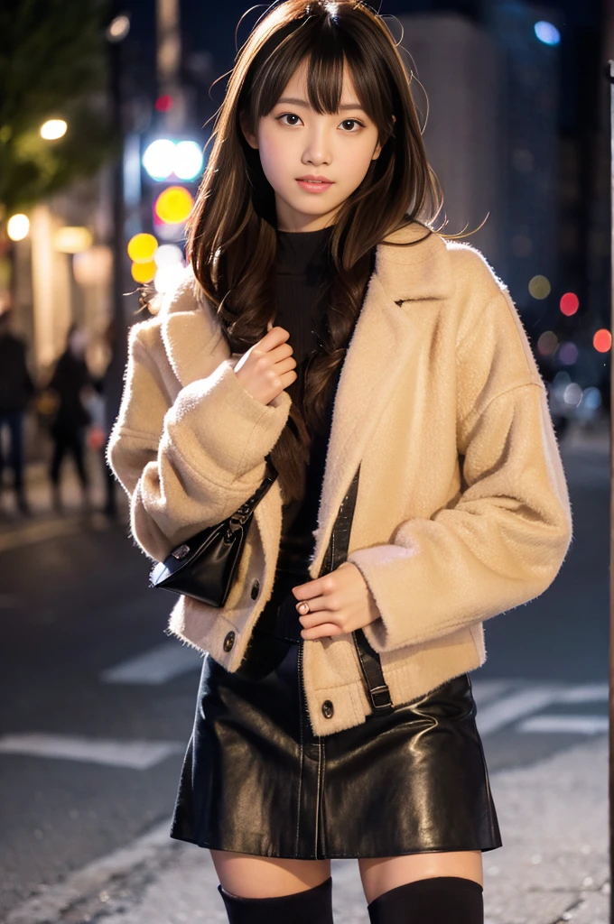 night,sunny,outside In town,cowboy shot,standing,fashion model posing,Knee-high boots,leather skirt,camel coat,peace,Ultra-realistic capture, Highly detailed, High resolution 16k close-up of human skin. Skin texture must be natural, With such detail that pores can be finely identified. Skin should look healthy, In a uniform tone. Use natural light and color,きめ細かい白い肌,おっぱいシャープフォーカス,ふともも,
