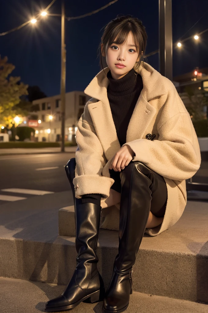 night,sunny,outside In town,cowboy shot,standing,fashion model posing,Knee-high boots,leather skirt,camel coat,peace,Ultra-realistic capture, Highly detailed, High resolution 16k close-up of human skin. Skin texture must be natural, With such detail that pores can be finely identified. Skin should look healthy, In a uniform tone. Use natural light and color,きめ細かい白い肌,おっぱいシャープフォーカス,ふともも,