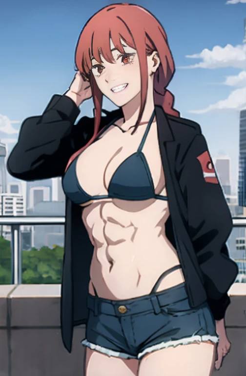 one girl, long hair, braided ponytail, red hair, red eyes, hair over shoulders,big breasts,strong abs,(seductive smile,clenched teeth), bikini top only, denim shorts, black jacket, (hand behind head), standing, city,pov from front,solo focus