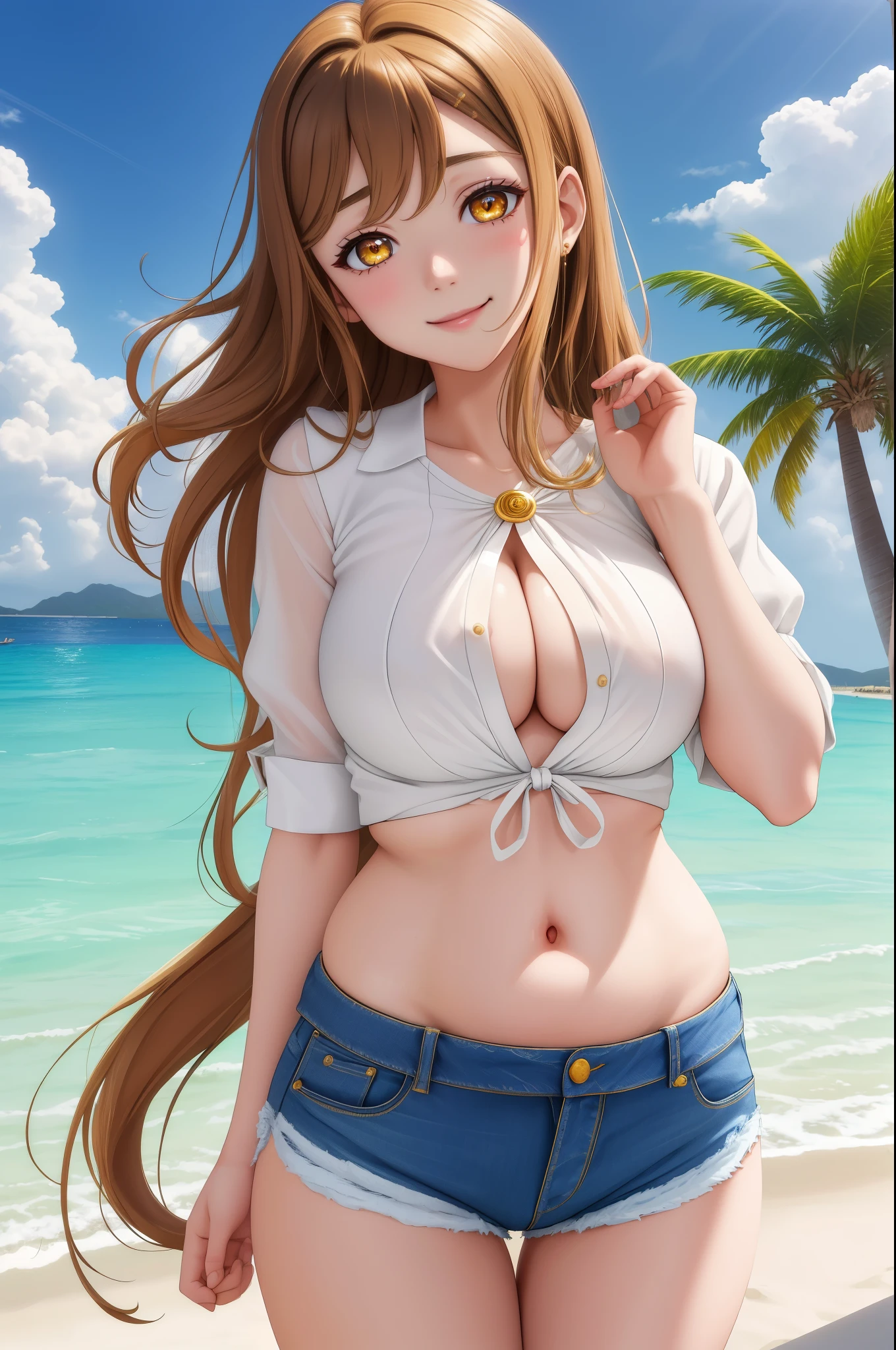 masterpiece, best quality, (kunikida hanamaru:0.999), (long hair:0.888), (breasts:0.878), (brown hair:0.875) ,(large breasts:1.0), facial details, detailed body part details, 8k wallpaper, looking at viewer, white blouse, jeans shorts, thighs, golden ,glowing eyes, cowboy shot, sexy, sexy pose,plump, sedative smile, beach,solo